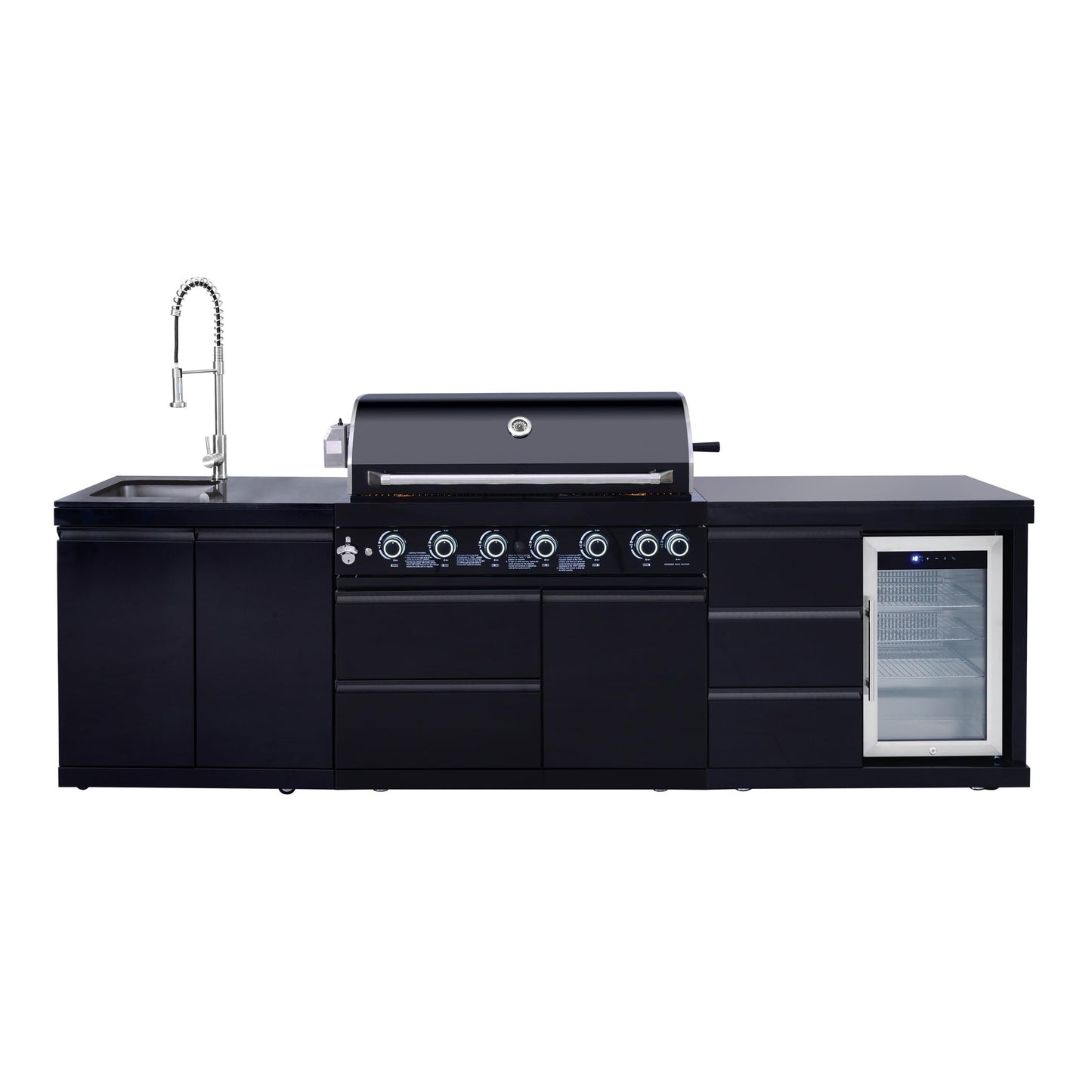 114 Inch Outdoor Kitchen Island, 6 Burner Propane Gas BBQ Grill Station, 83500 BTU 304 Stainless Steel Grill Combo with Sink & Refrigerator, CSA ETL Certified, Black