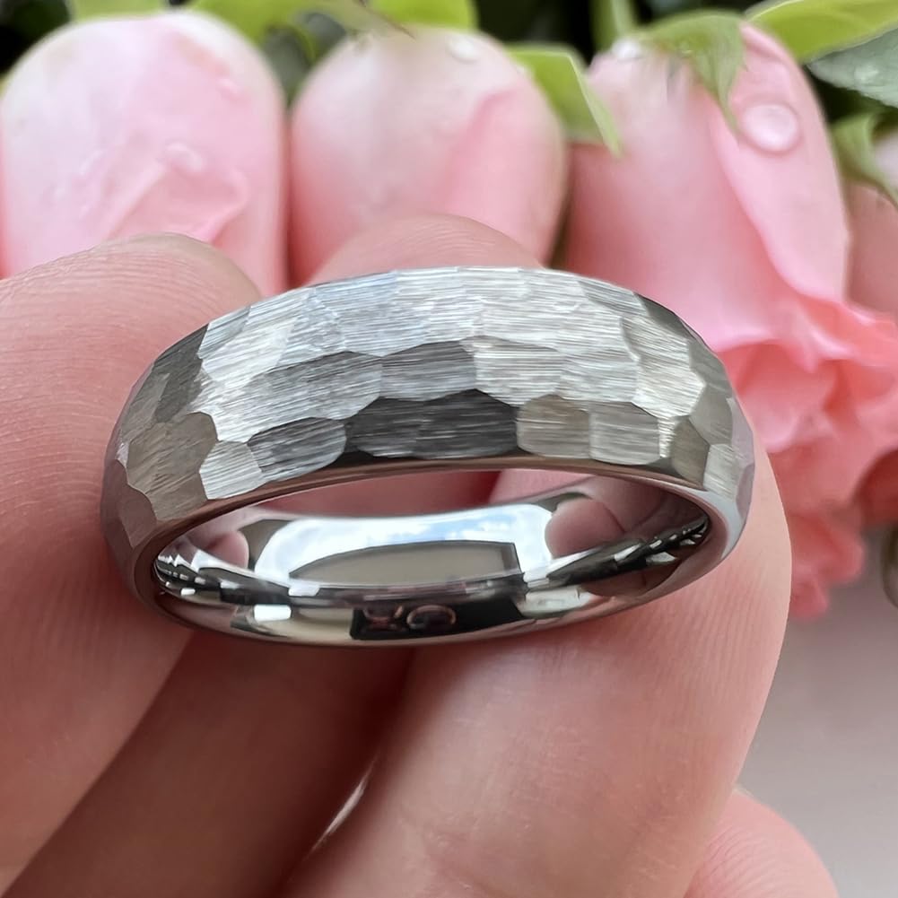 TUTISS 6mm Hammered Tungsten Carbide Rings for Men Women Engagement Wedding Bands Domed I Love You Engraved Comfort Fit Size 9.5