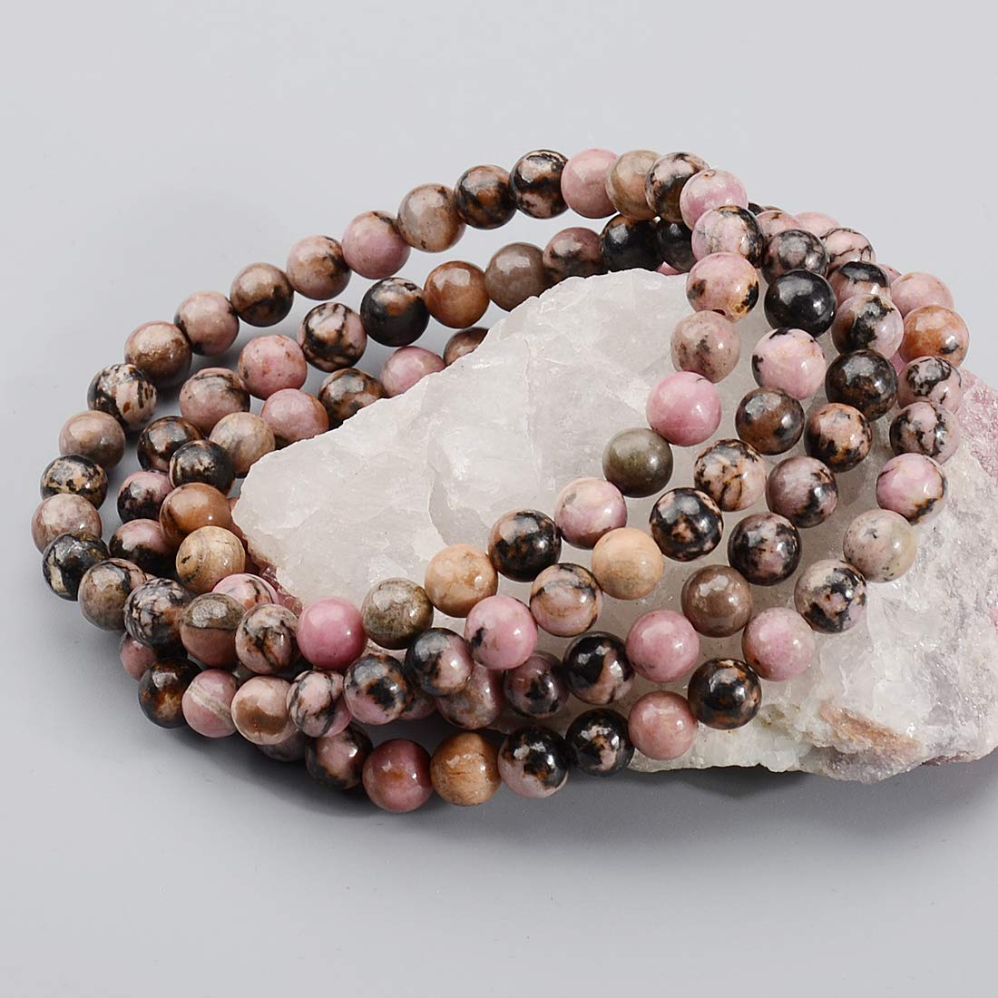 MASSIVE BEADS Pink Black Rhodonite - Stone of Fortune - Handmade Yoga Stretch Elastic Bracelet Natural Stone Crystal Healing Power Energy Gifts for Unisex Adult 6mm