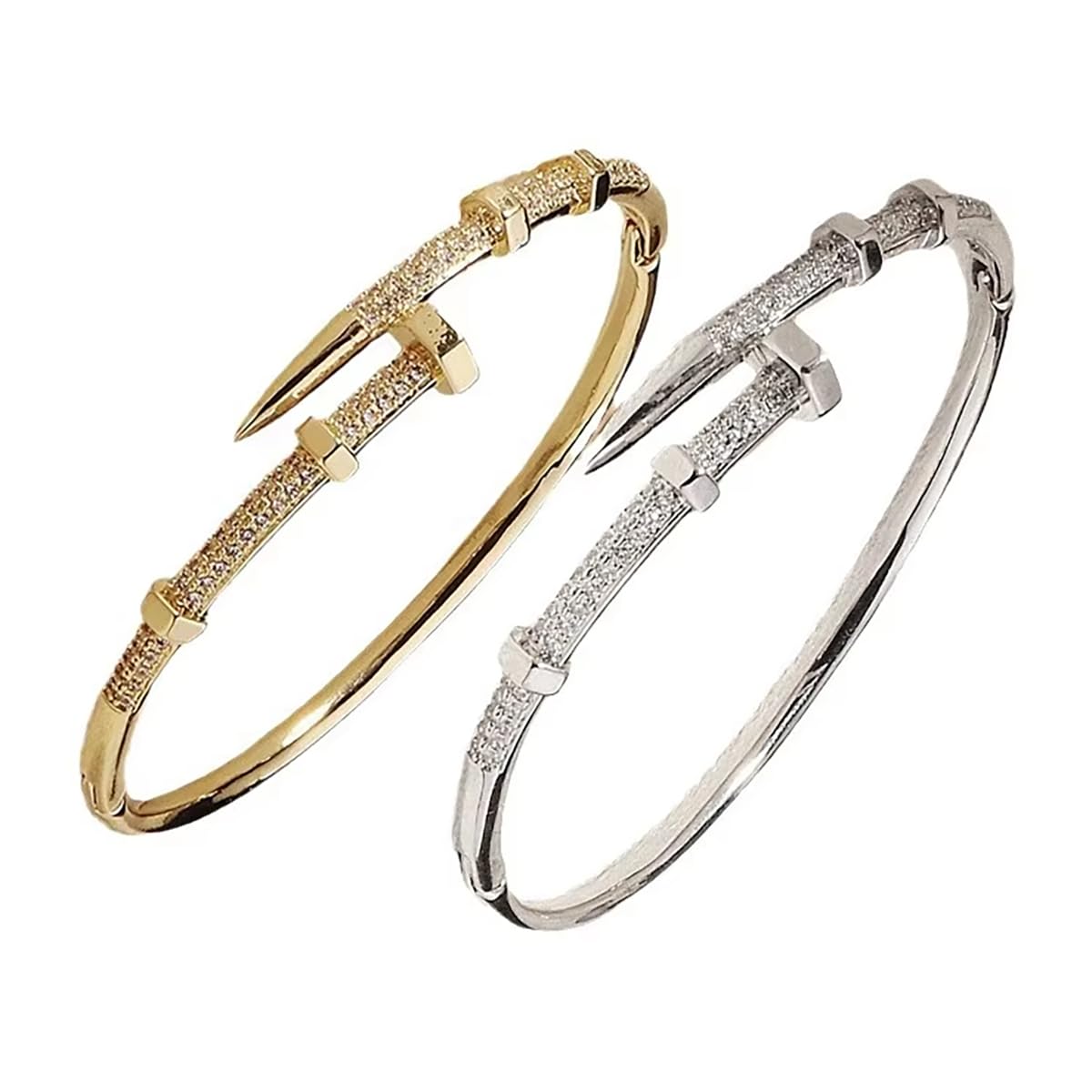 NMAVXKLI Nail Bangle Bracelet for Women 18K Gold Plated Cubic Zirconia Stones Titanium Steel Bracelet Jewelry Valentines Christmas Gifts (2PCS(Gold+Silver))