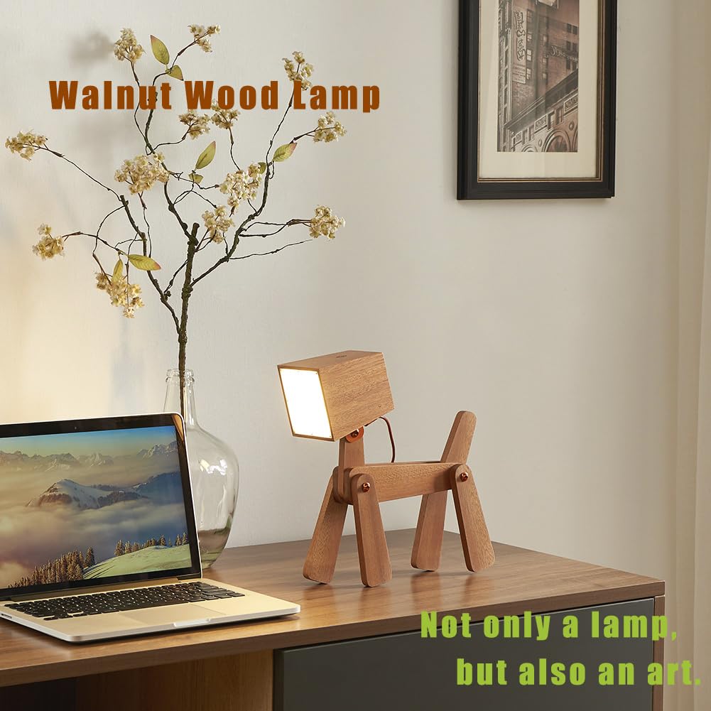 HROOME Novelty Cool Dog Lamp for Kids Room Bedroom Bedside - 3 Levels Dimmable Touch Control Wood Table Lamp Warm White Desk Light Gifts for Living Space Office Farmhouse Dorm (Mini-Sapele Color)
