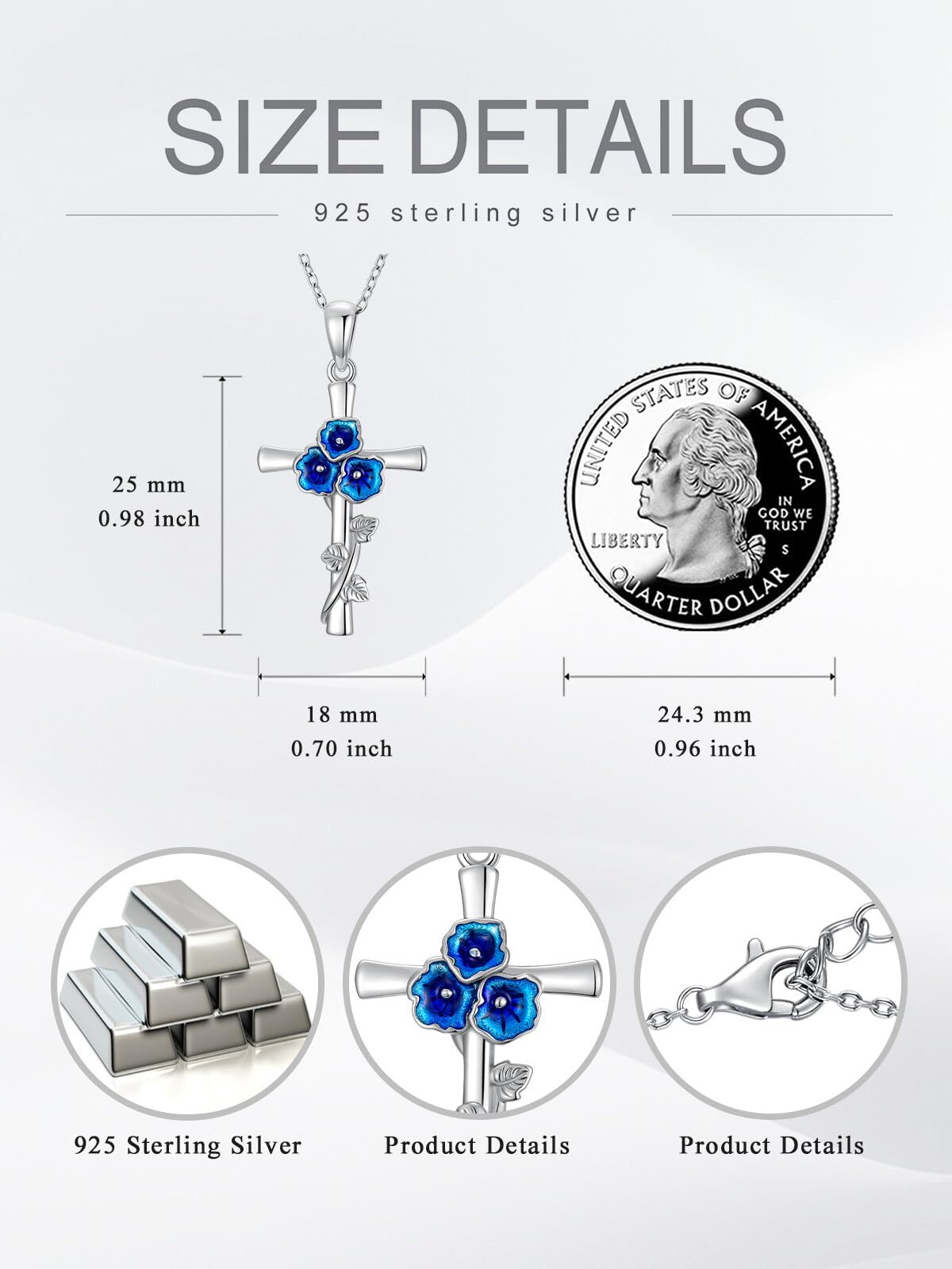 Cargari 925 Sterling Silver Morning Glory Cross Necklace for Women Blue Morning Glory Flower Pendant Necklace Religious Floral Jewelry Gift