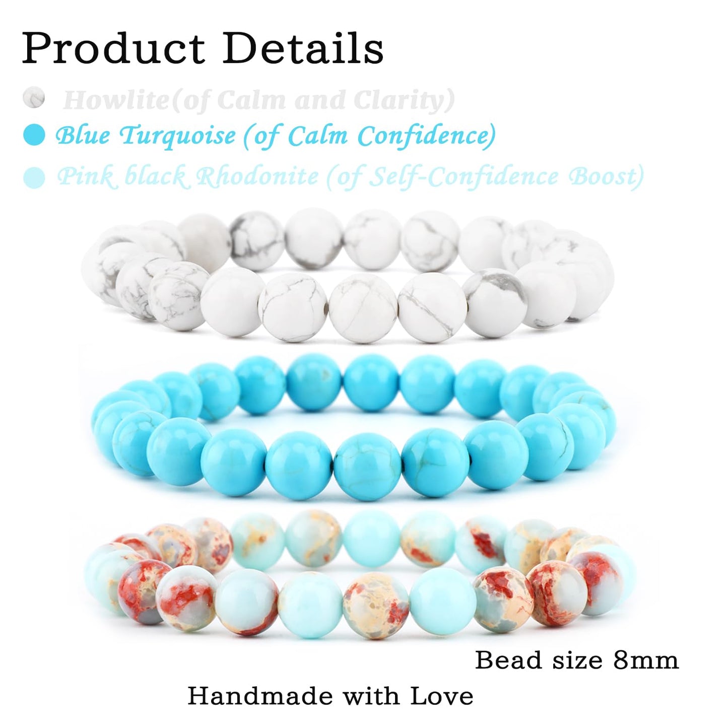 NCB 3-Piece 8mm Natural Crystal Gemstone Stretch Bracelets – ﻿Agalmatolite Jasper, Blue Turquoise, Howlite Handmade Reiki Energy Healing Jewelry for Meditation,Yoga, Unisex