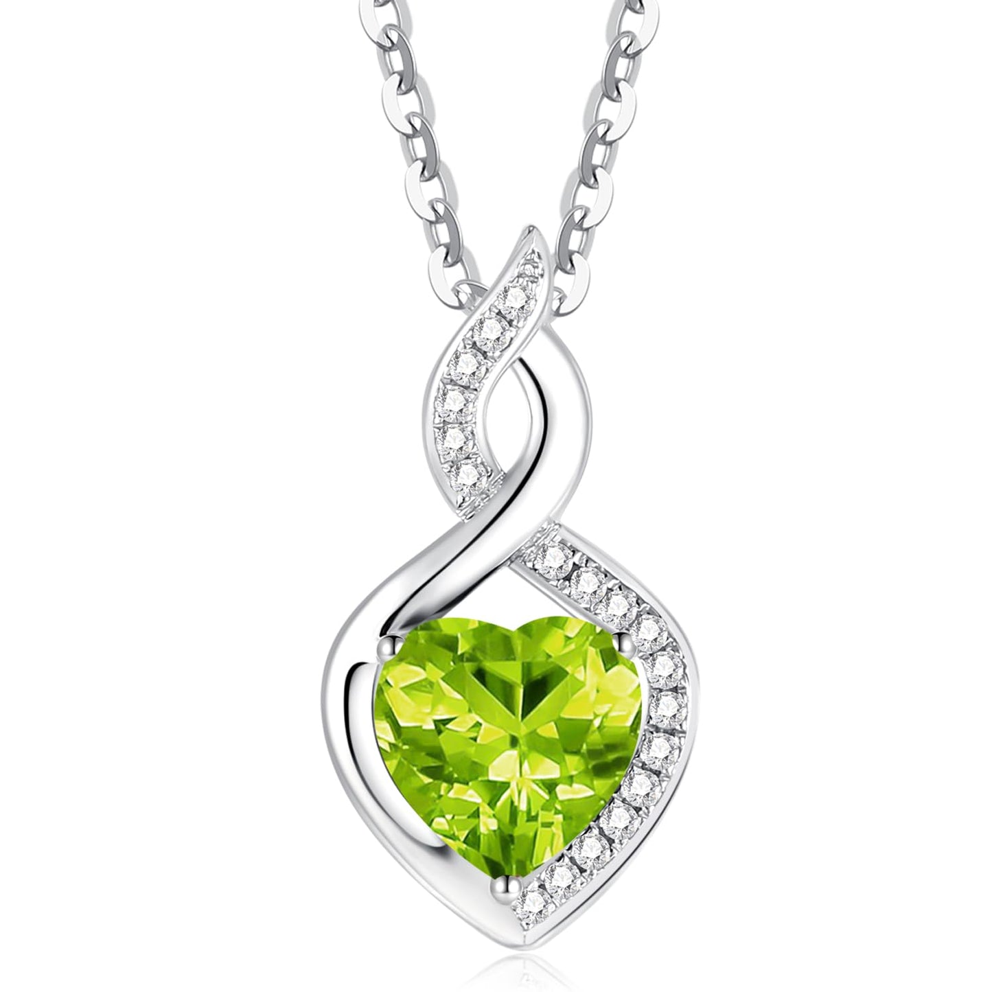 FANCIME Natural Peridot Necklace 14K Solid White Gold Heart Pendant with Diamond August Birthstone Necklace Jewelry Gifts for Mom Women