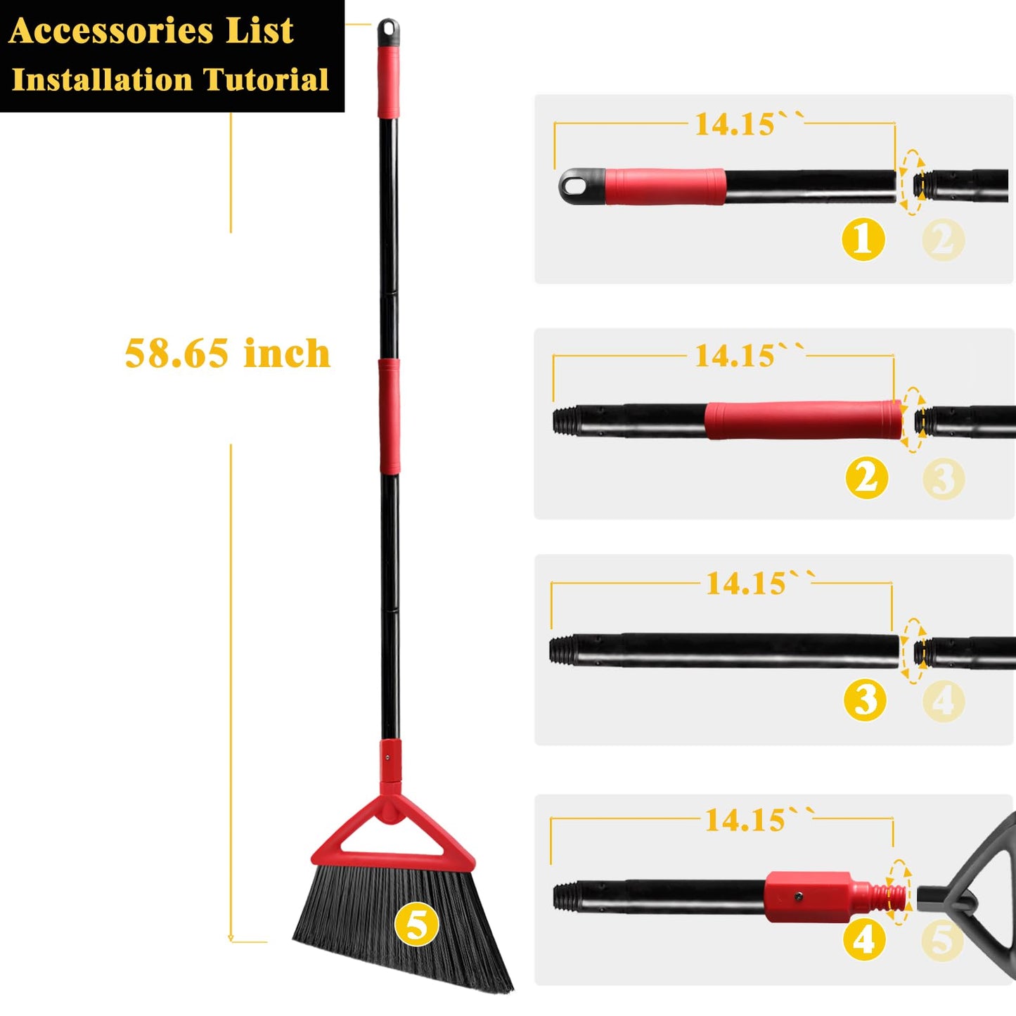 PUTNATRUE Heavy Duty Broom of Outdoor and Indoor, 4 Packs Upgraded Commercial Angle Brooms, Perfect Red Broom of House,Kitchen, Garage, Courtyard, Concrete