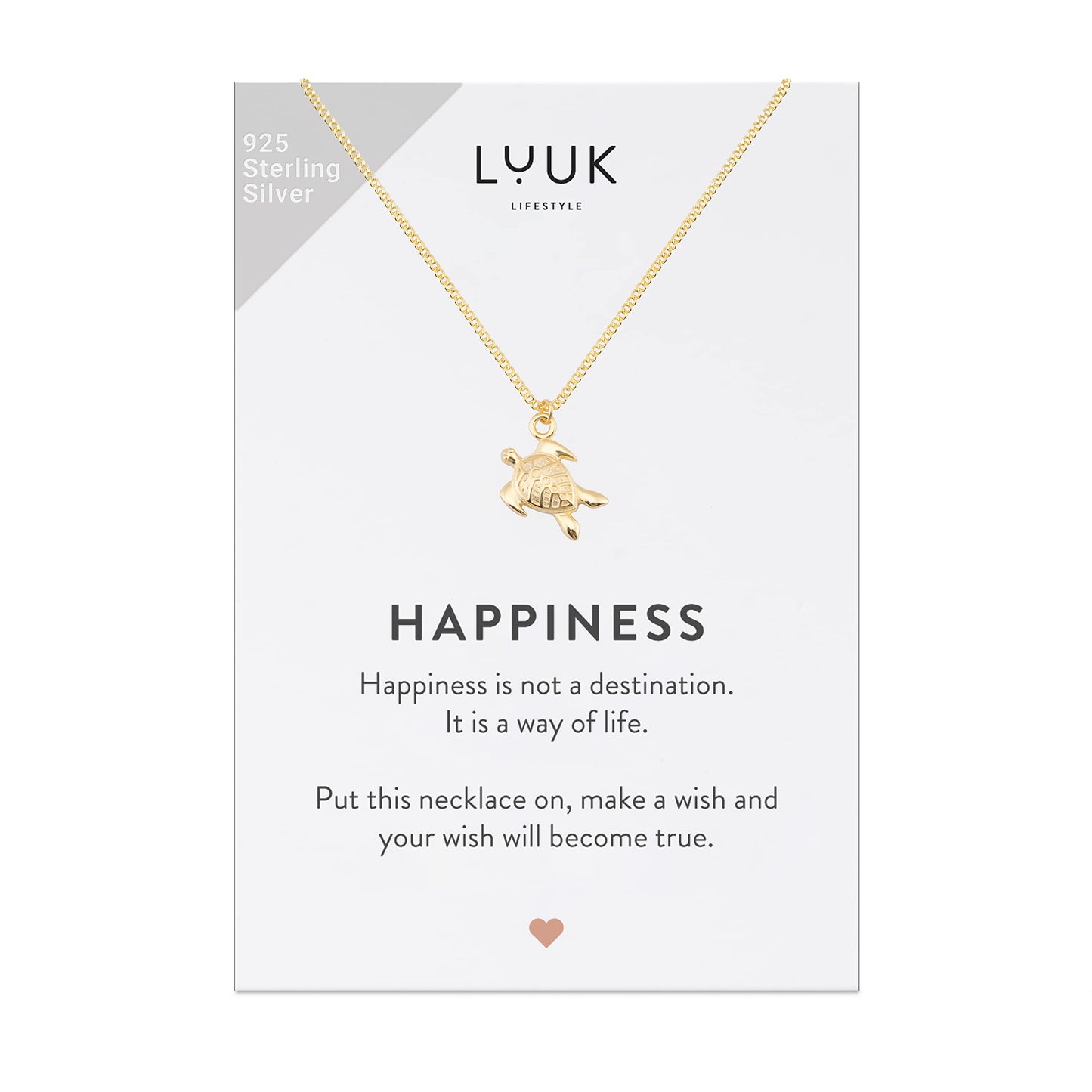 LUUK LIFESTYLE Necklace with turtle pendant and HAPPINESS gift card, 925 sterling silver, 19” chain length, jewelry for everyday life, beach, summer, tropical motif, water and sand resistant, gold