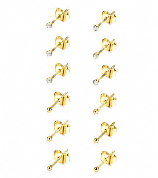 6 Pairs 2mm CZ & Ball Stud Earrings Set, Hypoallergenic Stainless Steel Tiny Stud Earrings Set for Women Men, 20G Gold Small Round Earrings for Multiple Piercings Cartilage Earlobe