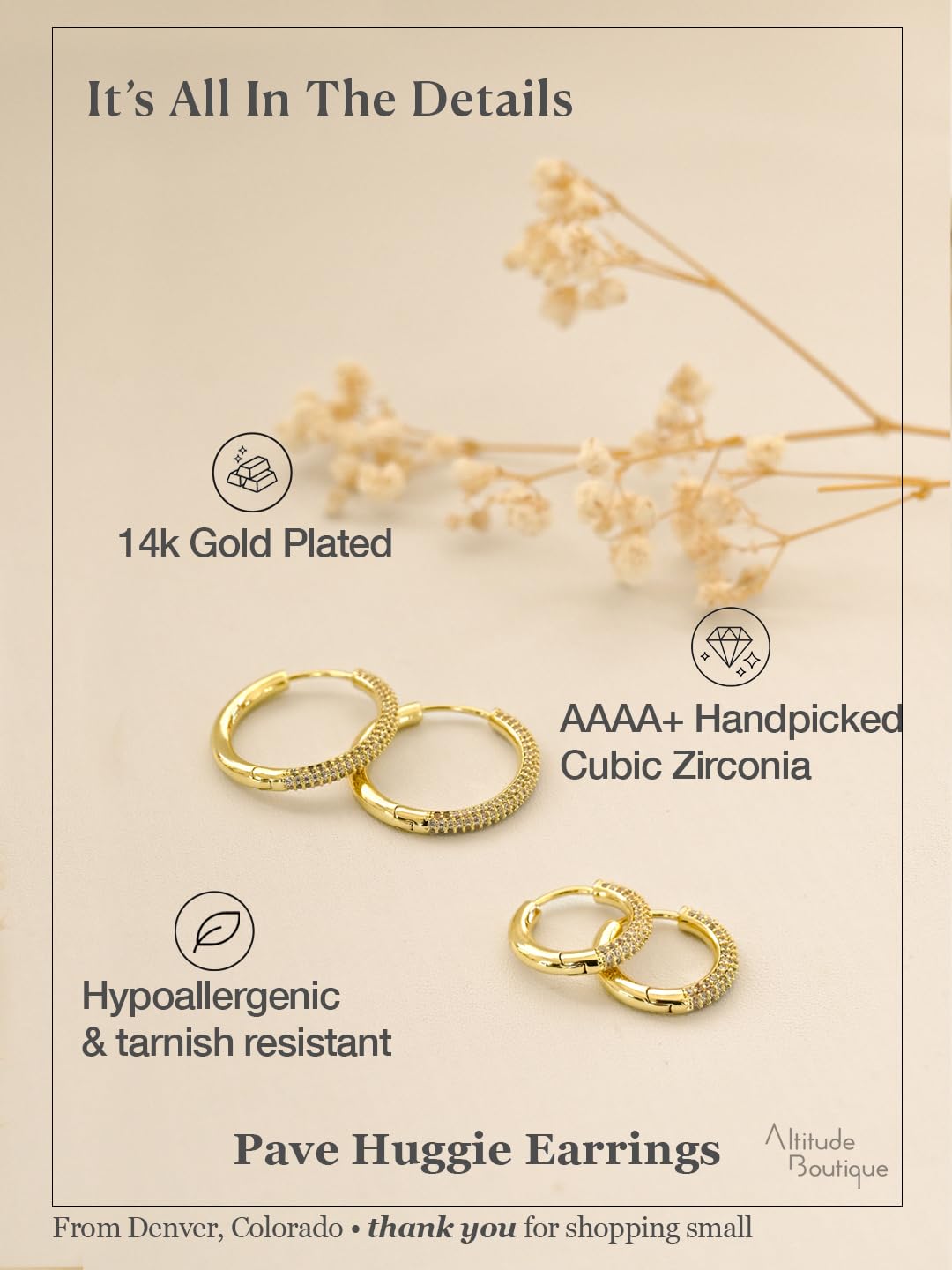 Altitude Boutique CZ Pave Huggie Hoop Earrings | 14K Gold-Plated or Rhodium-Plated | 4-Row Cubic Zirconia Hoops in 17mm or 25mm | Hypoallergenic Modern Statement Hoop Earrings for Women (Gold, 17mm)