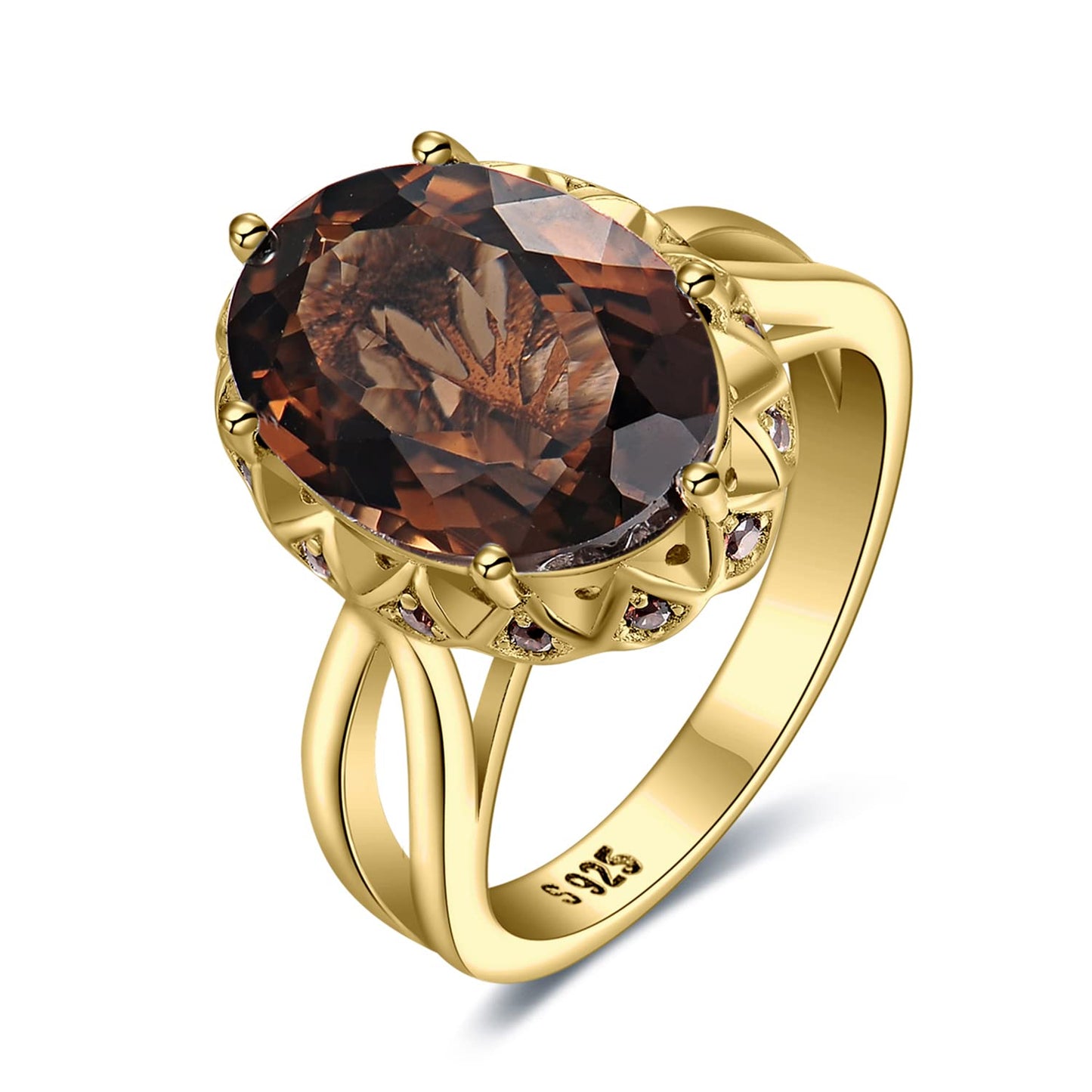JewelryPalace Huge Oval Shape 5.7ct Genuine Smoky Quartz Cocktail Rings for Her, 14K Yellow Gold Plated 925 Sterling Silver Ring for Women, Natural Gemstone Jewelry Sets Rings 9