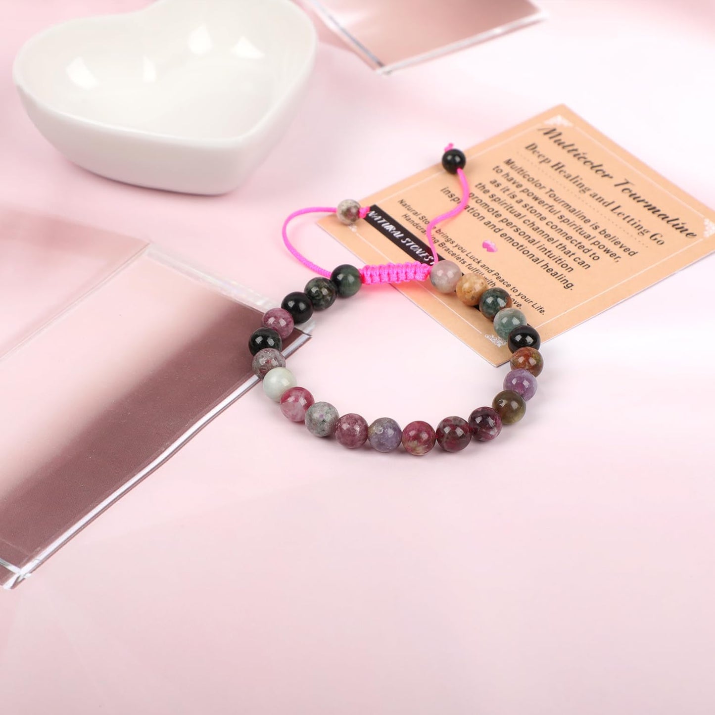 AD Beads 8mm Multicolor Tourmaline Bracelet - Deep healing - Handmade Natural Stone Crystal Bracelet with Adjustable Macrame String - Yoga Healing Power Energy Gifts for Men and Women
