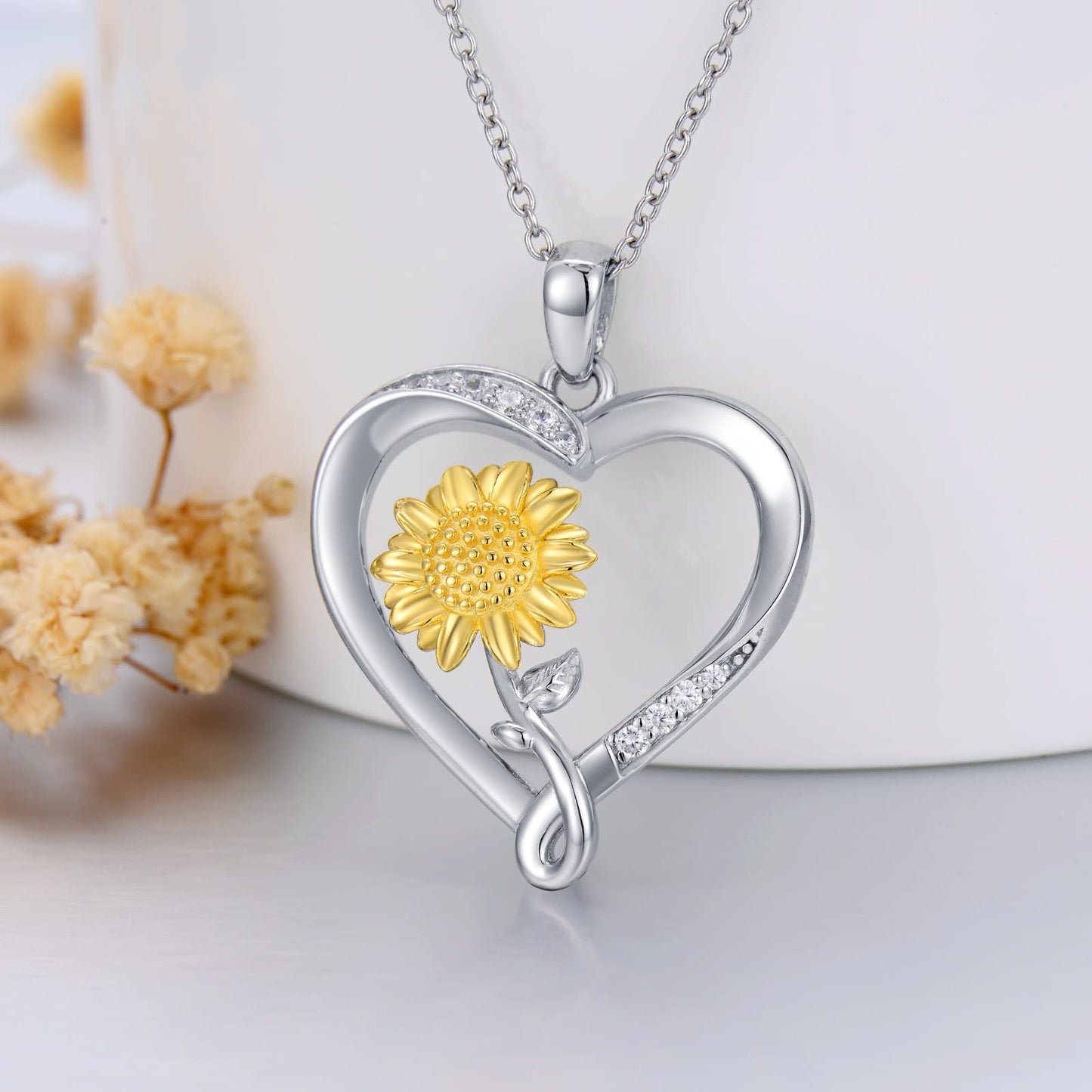 ZBA Real Diamond Sunflower Necklace for Women Sterling Silver Heart Jewelry Anniversary Valentines Mothers day Gifts for Mom Mother Girlfriend Her Wife