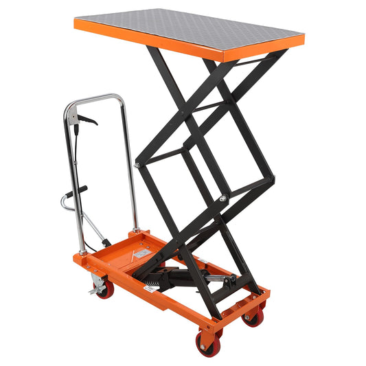 EliteEdge Double Scissor Hydraulic Lift Table Cart - 330 Lbs Capacity, 50" Height, Manual Elevating, 4 Wheels, Non-Slip Pad, Orange - Effortless Lifting, Wide Application, Easy Mobility