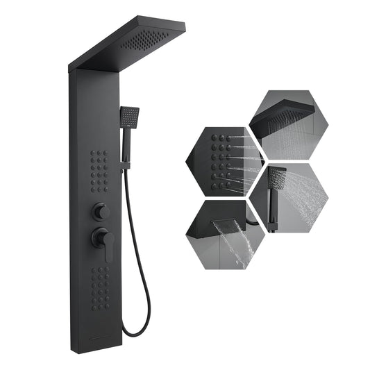 KINKIB Shower Panel Tower System with Rainfall Shower Head, Powerful Body Jets, Matte Black Shower Tower with Handheld Shower and Tub Spout, Stainless Steel Shower Column High Pressure