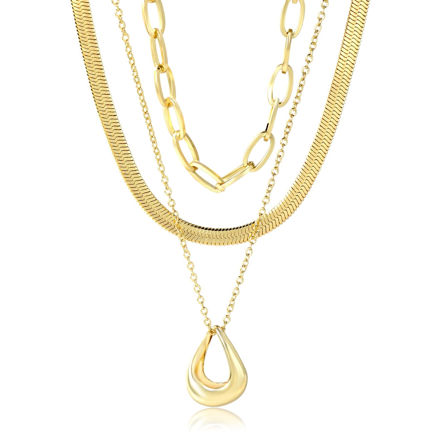 LUXU kisskids Layered Necklaces for Women, 3 Pieces Layered Gold Necklaces Set, Herringbone Choker Oval Link Stackable Necklace Simple Chain Circle Pendant, Stainless Steel Trendy Jewelry Set Gifts for Her