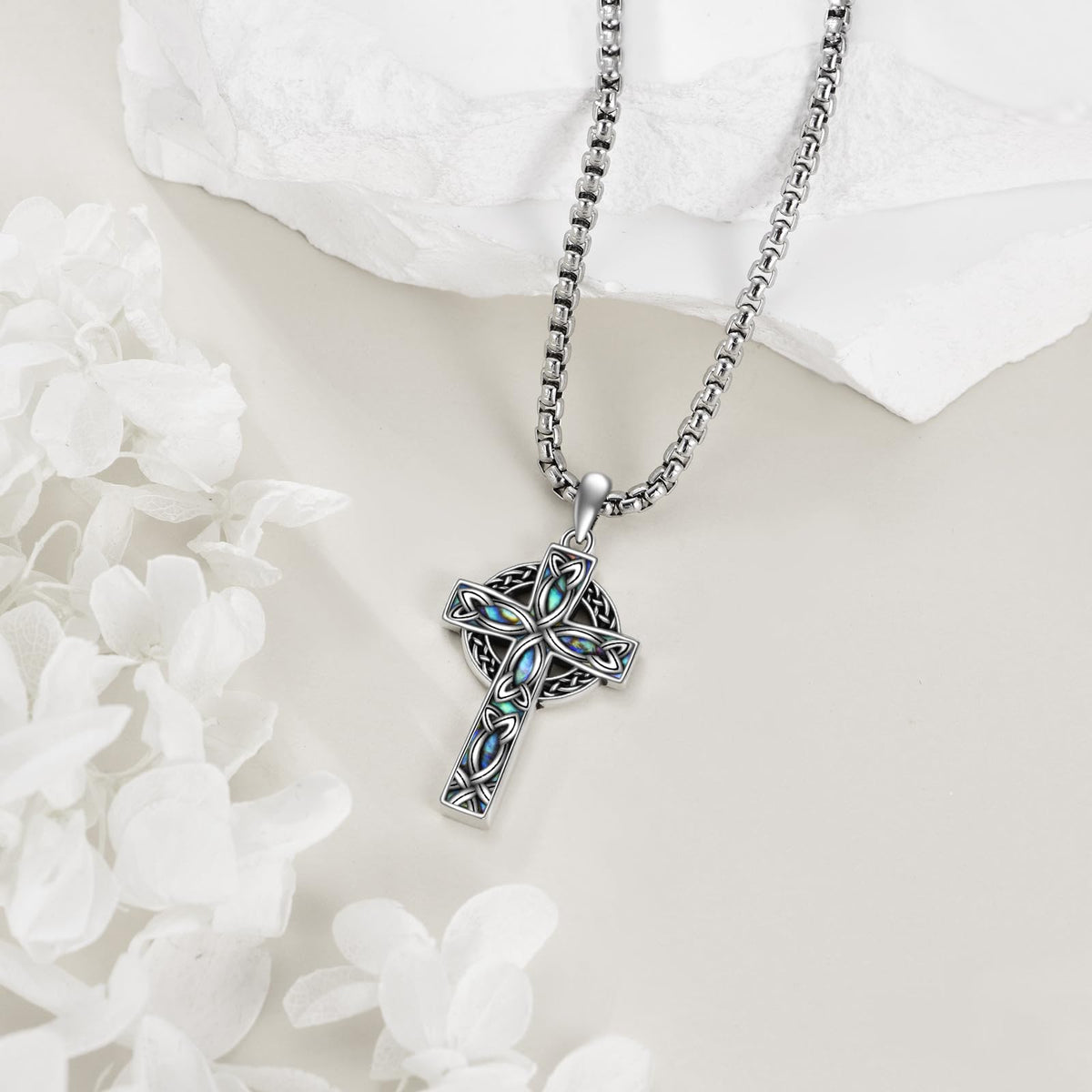 VONALA Celtic Cross Necklace 925 Sterling Silver Abalone Shell Celtic Knot Cross Pendant Necklace Religious Christian Irish Jewelry Gifts for Women Men