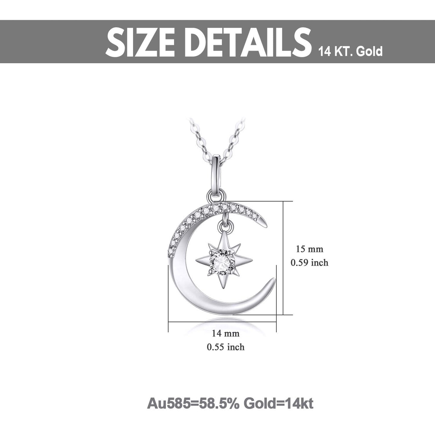 14K White Gold North Star Moon Necklace and Stud Earrings Set for Women