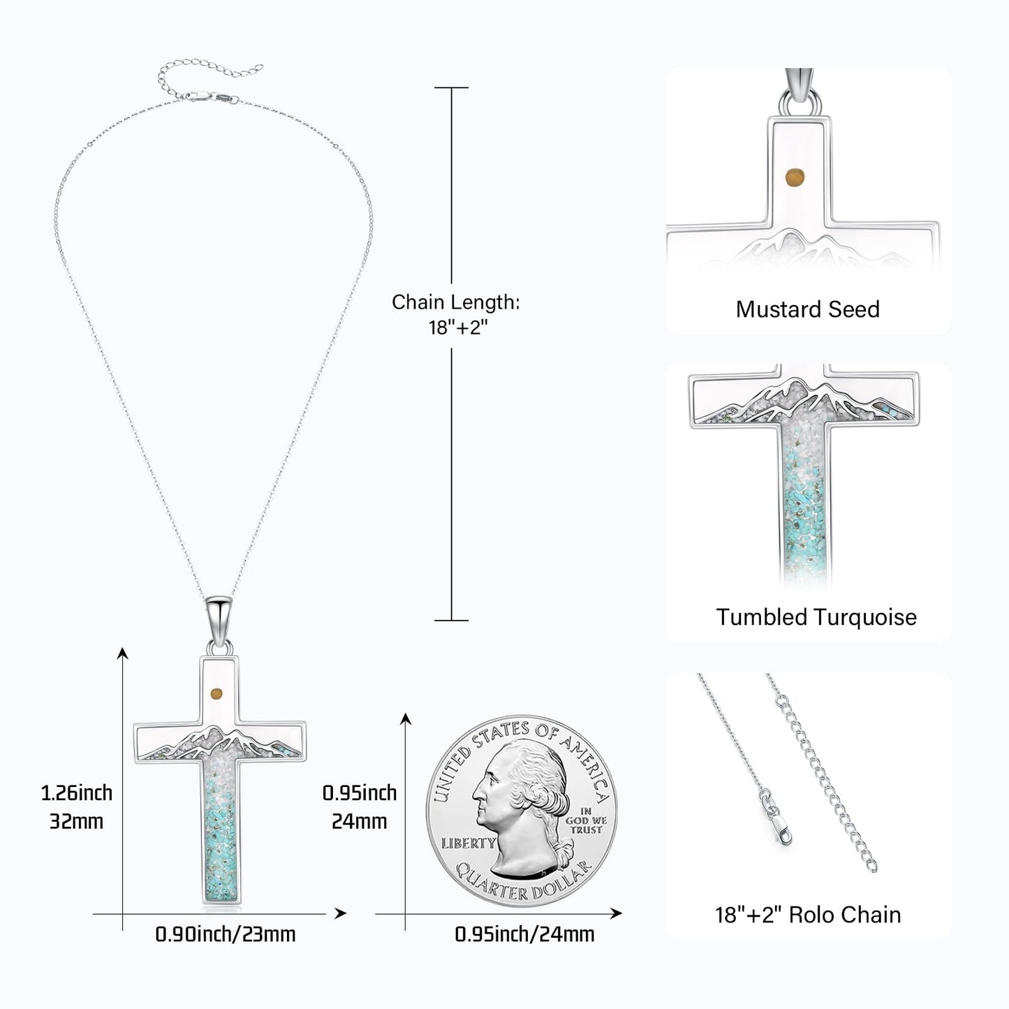 Suiknsn Mustard Seed Necklace 925 Sterling Silver Turquoise Mountain Necklace Faith Cross Pendant Christian Jewelry Hiking Mother's Day Gifts for Women Mom