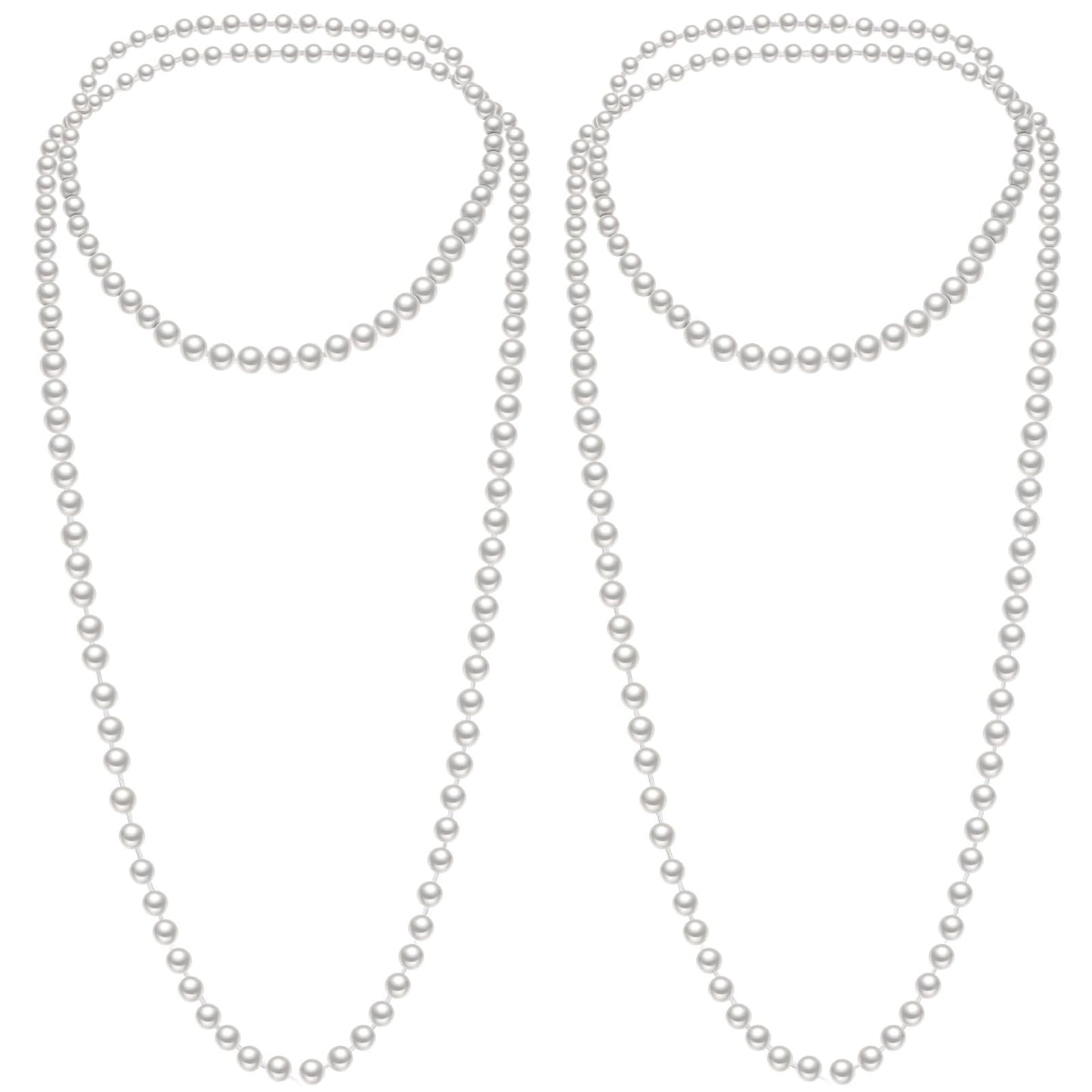 Aurelema 2 Pack Long Pearl Necklace for Women 1920s Costume Party Jewelry Faux Pearls Strand Beads for Ladies(60 Inches,8 mm,Classic,Cream White)