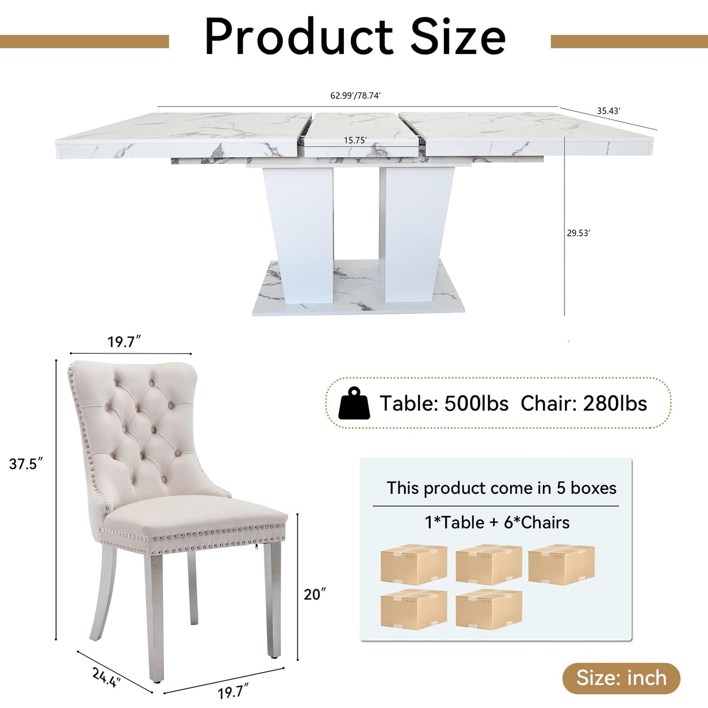 HomVent White Faux Marble Expandable Dining Table Set for 6, 63"-79" Extendable Dining Room Table Set with Velvet Nailhead Trim Chairs, Kitchen Table Chairs Set for Living Room