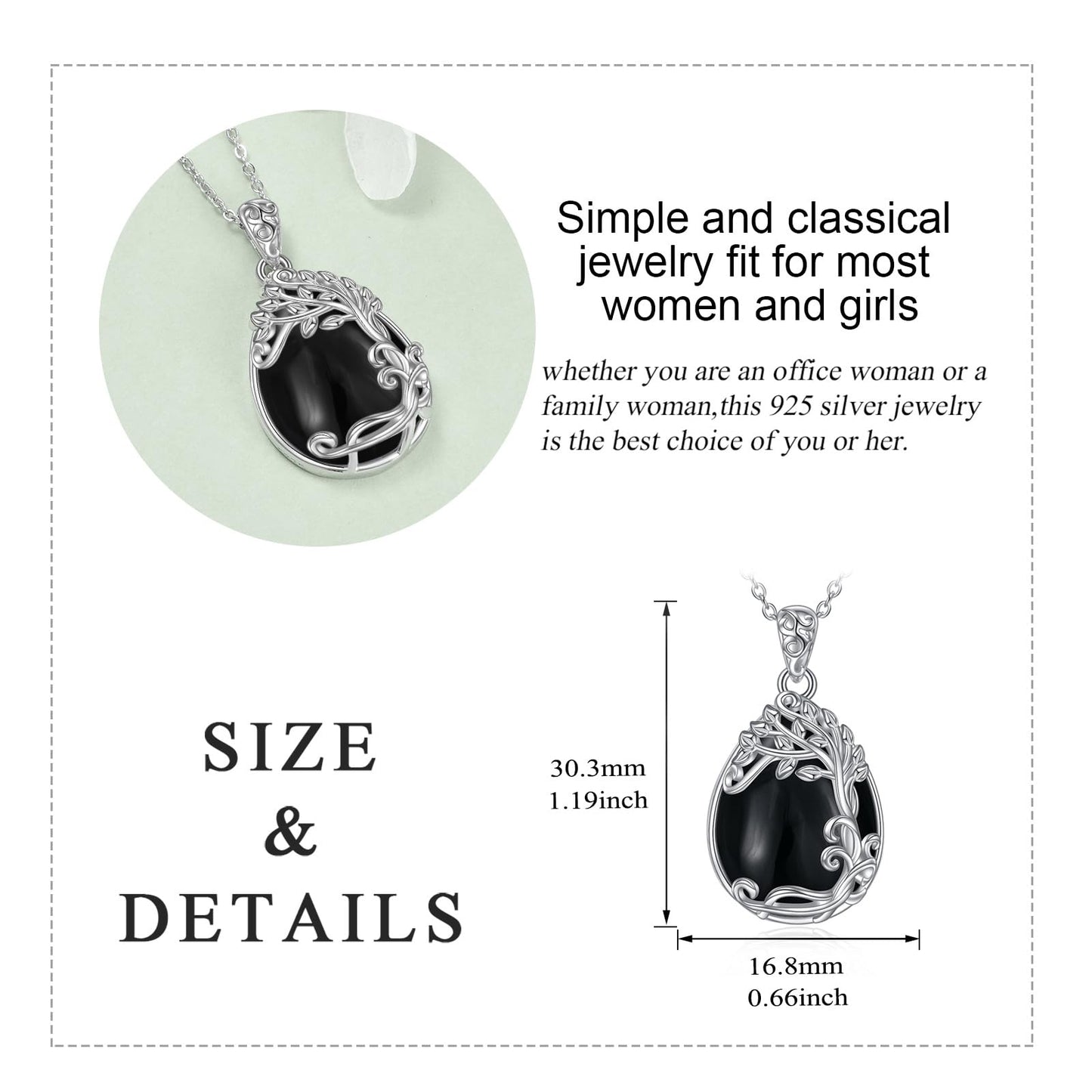 YAFEINI 925 Sterling Silver Black Onyx Necklace Jewelry Tree of Life Teardrop Pendant Black Onyx Gift for Women (MM-Tree of Life Black Onyx Necklace)