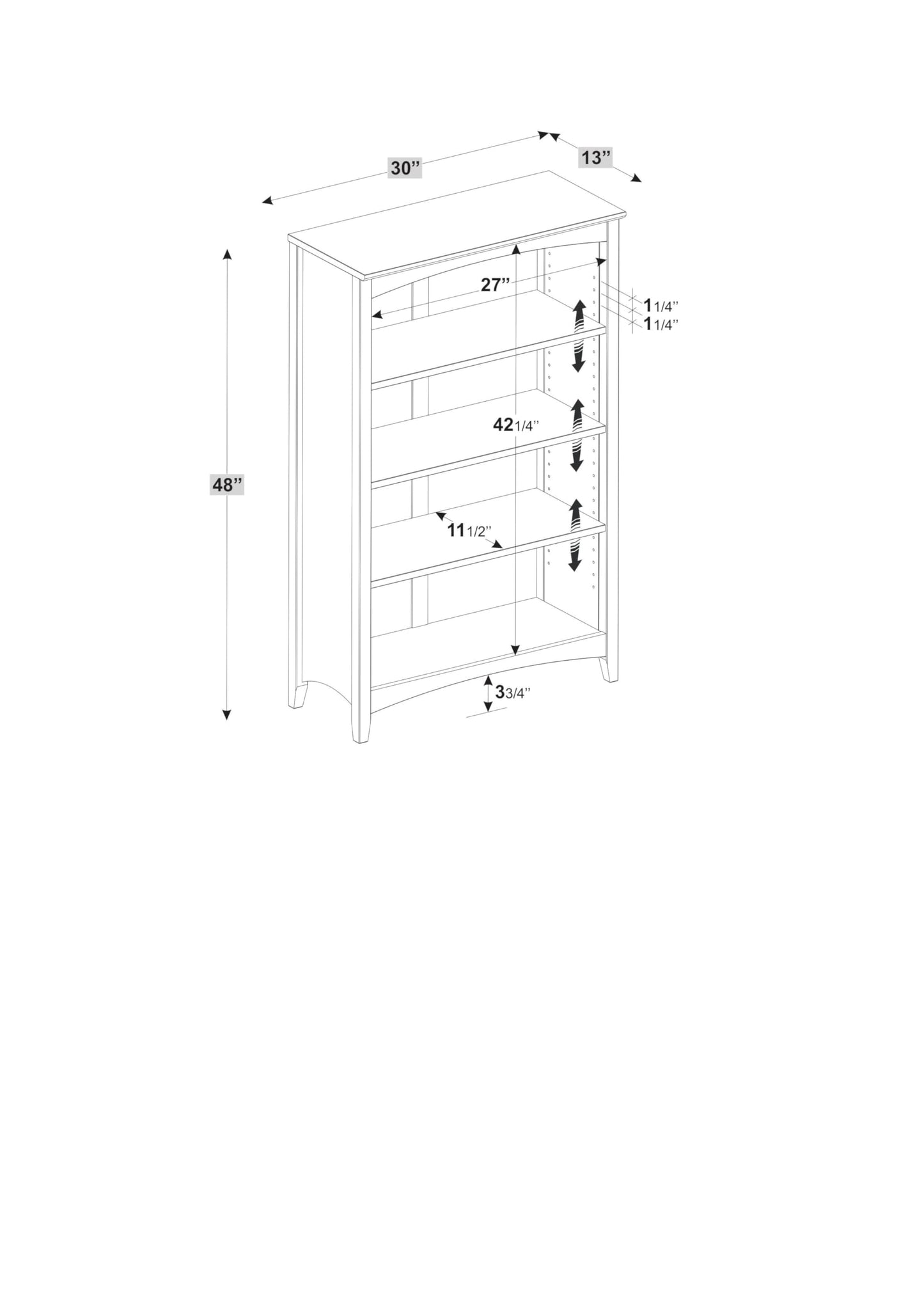 Shaker Style 4 Shelf Bookcase / Solid Wood / 48" High / Adjustable Shelving / Closed Back / Display Bookshelf for Living Room, Bedroom, Home and Office, Cherry