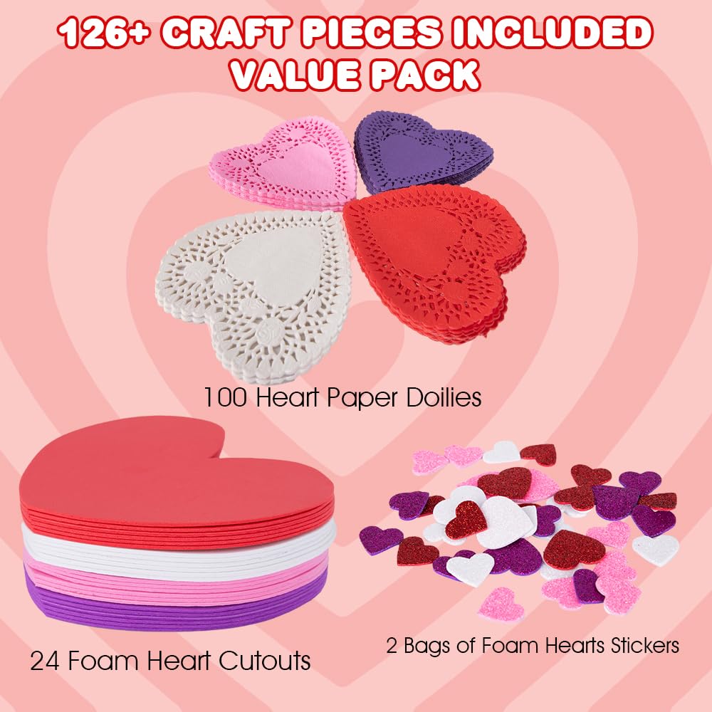 ArtCreativity 126+ Pcs Valentine's Day Heart Doilies Card Crafts for Kids - Valentine Day Crafts for Classroom Parties - Valentines Craft Supplies Kits with Heart Doilies and Glitter Foam Stickers