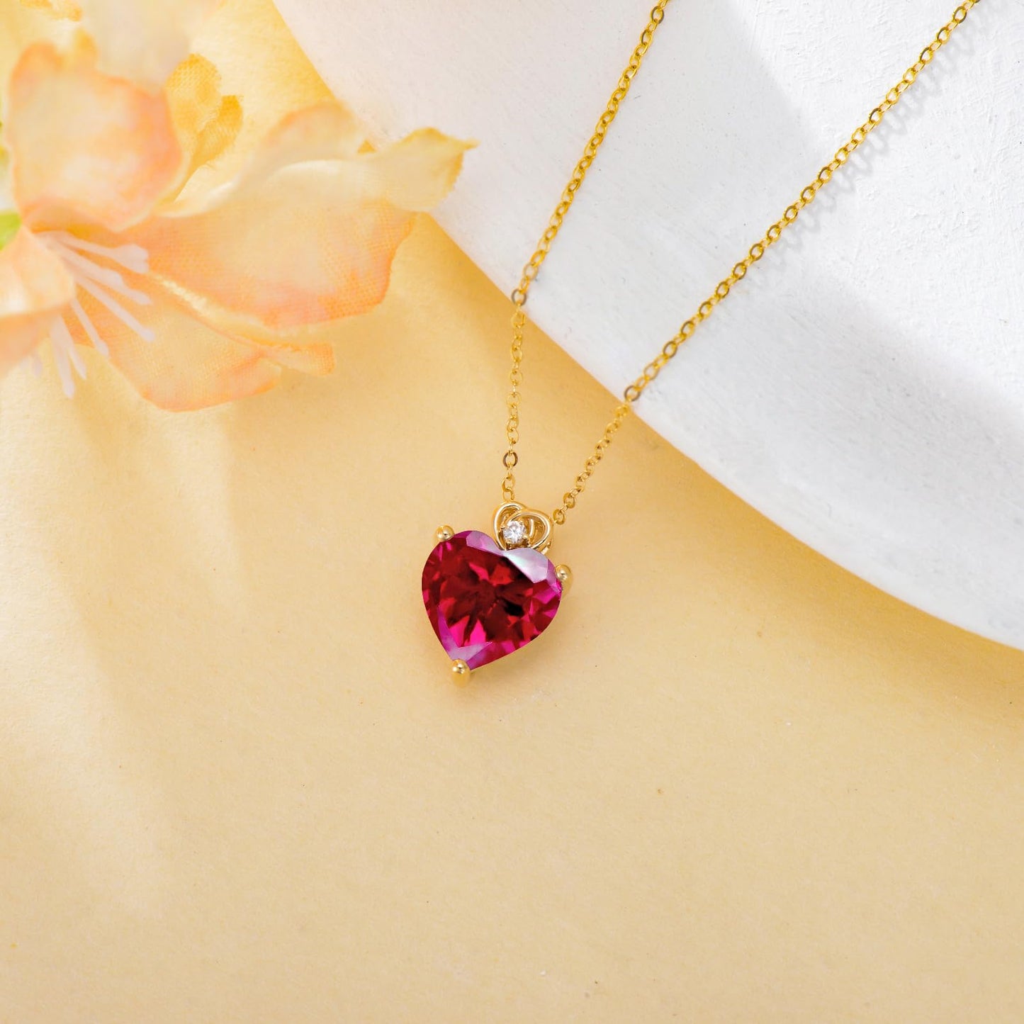 NFYBD 14k Gold Love Heart Red Ruby Birthstone Pendant Necklace for Women 3 Carat Heart-cut Created Gemstone Anniversary Birthday Mother's Day Necklaces for Her 16+1+1 inch-Jul