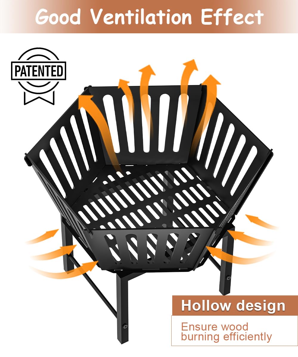 Waaliji 22.5 Inch Portable Hexagon Fire Pit with Travel Bag — Heightened Smokeless Design Outdoor Wood Burning Fire Pit for Camping, Backyard, Patio, Bonfire, Picnic and BBQ, Vertical Hollow Style