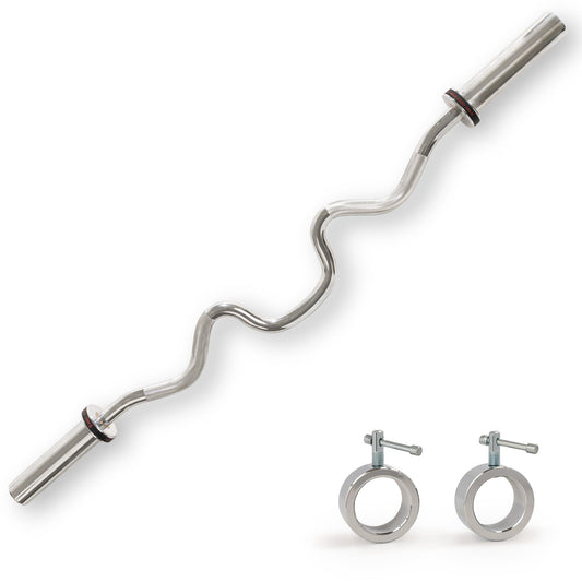 Sunny Health & Fitness Olympic Super Curl Bar for Home Gym, 48" Weight Bar with Angled Grip Design, 2" Olympic Sleeves, Bearing & Bushing Rotation, Chrome Finish, Includes Spin-Lock Collars, 300 lbs Capacity– SF-OB03-48