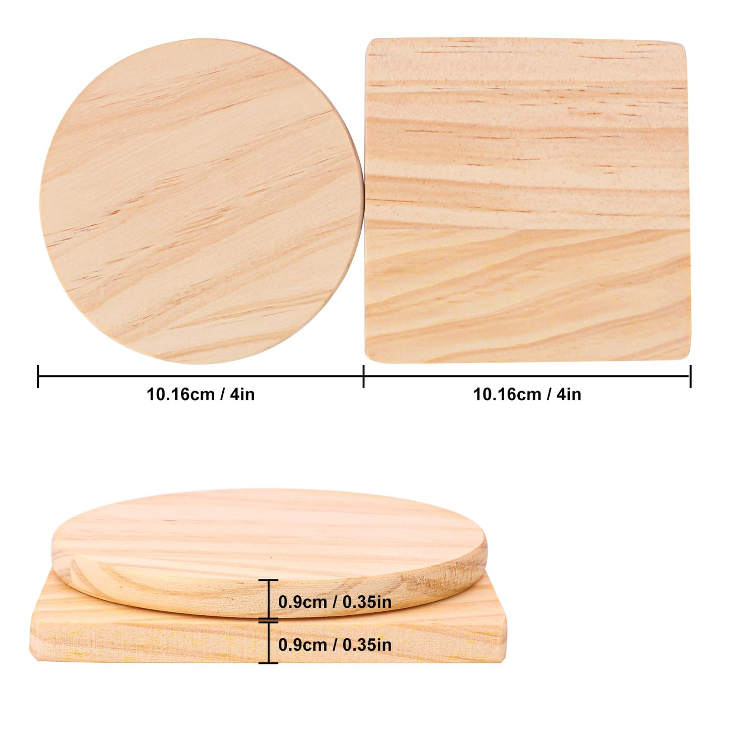 kukmakri 40 PCS Unfinished Blank Wooden Coasters - 4 Inch Square & 4 Inch Round Wood Coasters with Non-Slip Silicon Dots – Natural DIY Wood Slices for Engraving and DIY Painting (Thick 0.35 Inch)