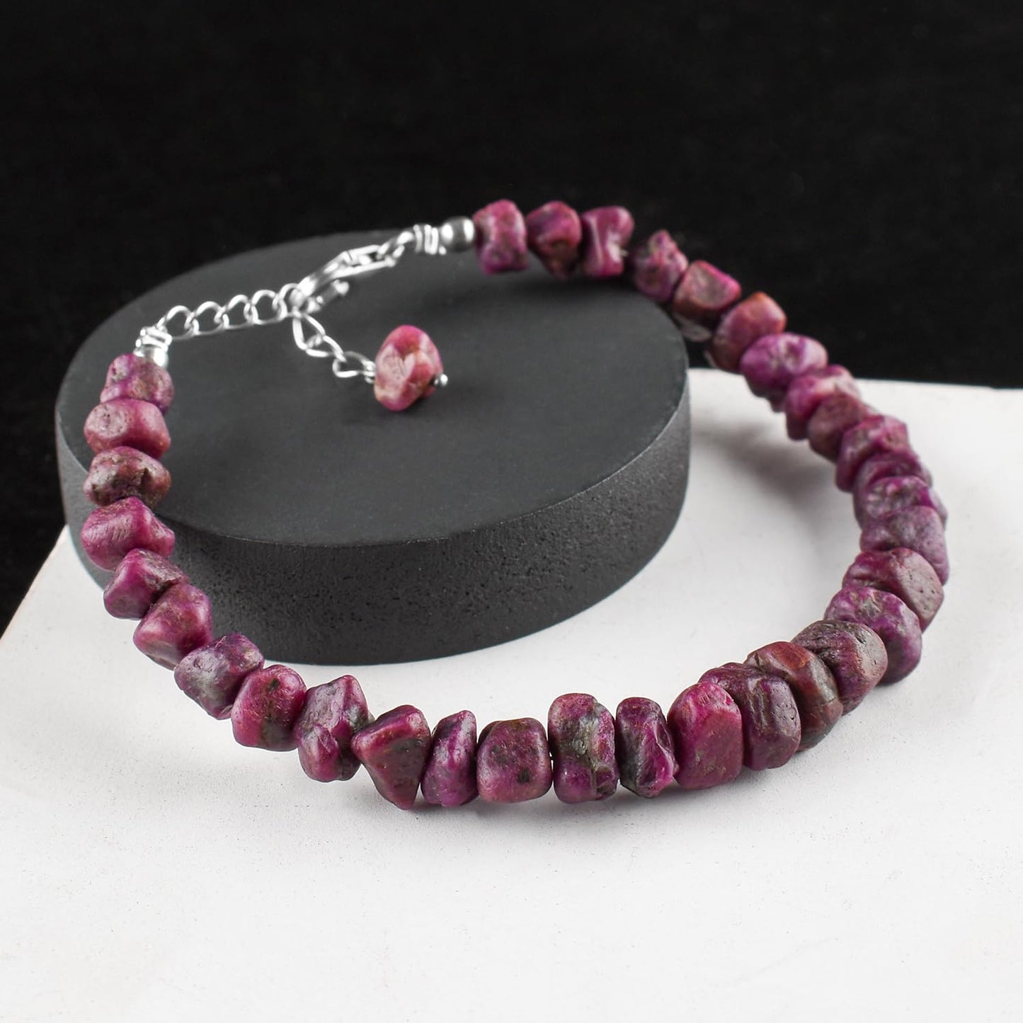 InfinityGemsArt Raw Ruby Bracelets For Women, July Birthstone Jewelry, Natural Gemstones Rough Dainty Bracelet Energy Crystals Rhodium Plated 925 Sterling Silver Chain 8 inch