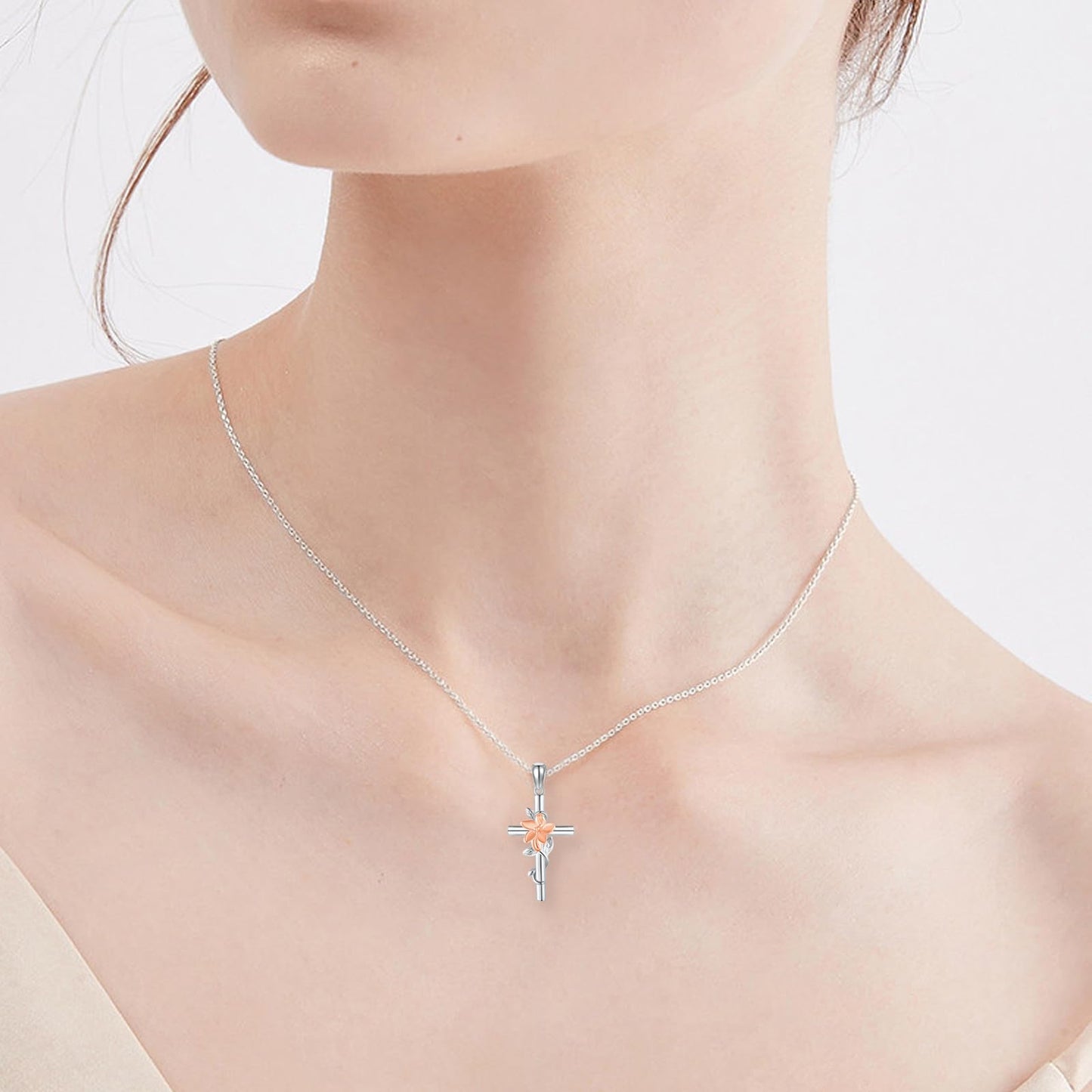 JERWLI Lily Necklace 925 Sterling Silver Lily Cross Pendant Necklace May Birth Flower Jewelry for Women