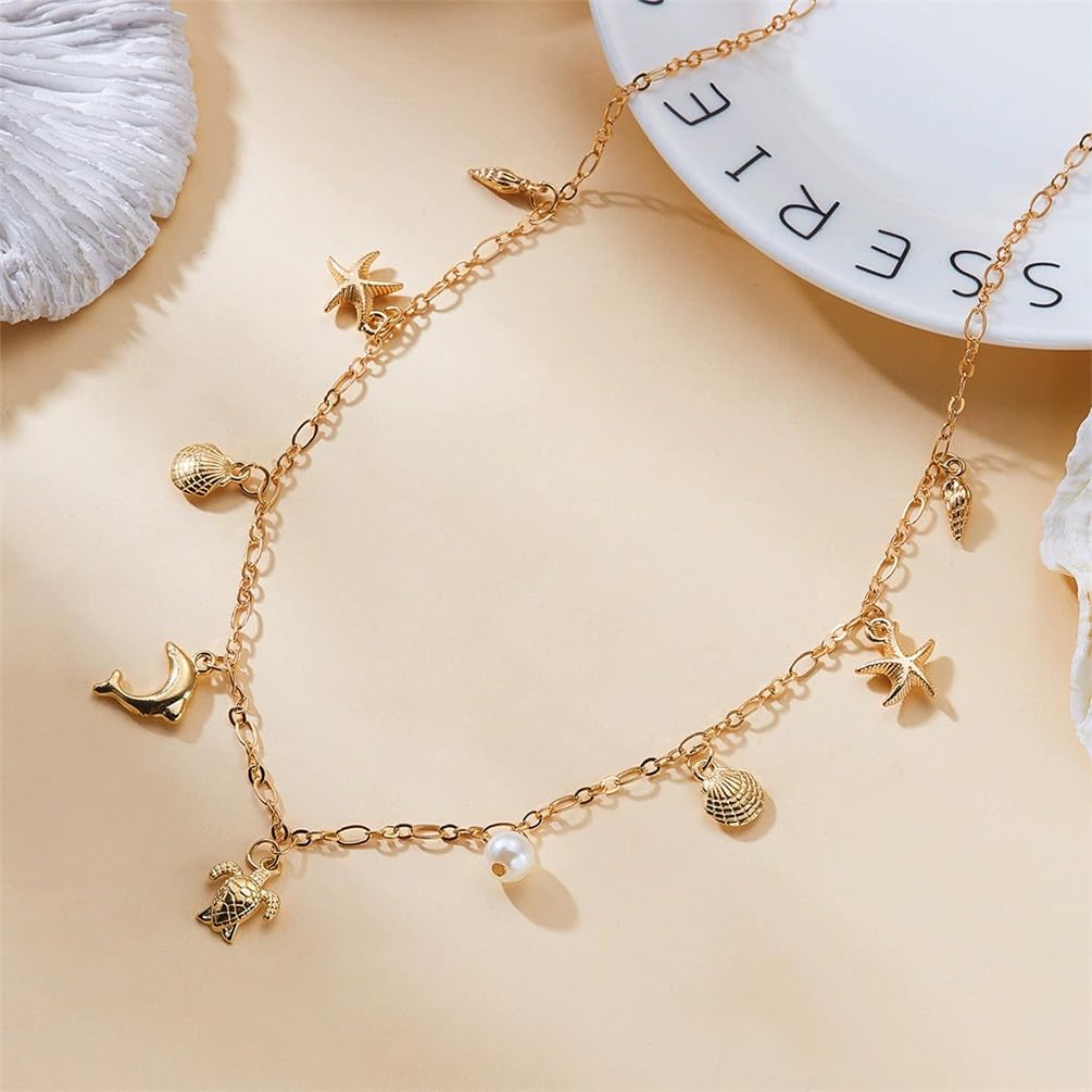 Gold Shell Conch Star Pearl Pendant Necklace, Delicate Starfish Fish Shells Beach Necklaces for Women Trendy Beachy Hawaii Holiday Party Jewelry Gift (Gold)
