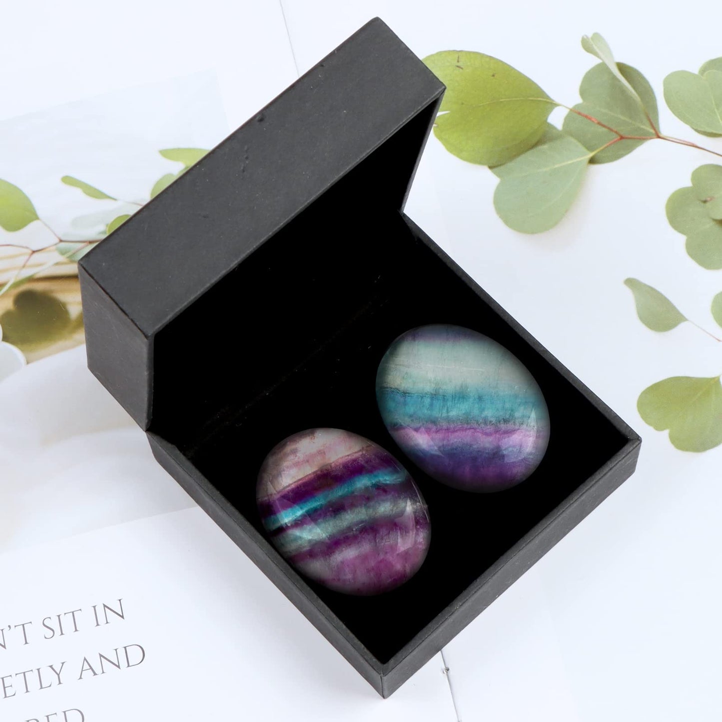 Hxswkk 2PCS Worry Stones for Anxiety Rainbow Fluorite Crystal Thumb Palm Stone Sets Handcarved Polished Oval Gemstone Chakra Decor Thoughtful Gifts