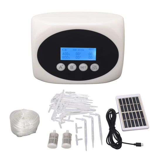 LCD Automatic Drip Irrigation Kit for 15 Plants, Plant Self Watering System Device with Dual, USB or Solar Powered, Programmable Solar Watering System