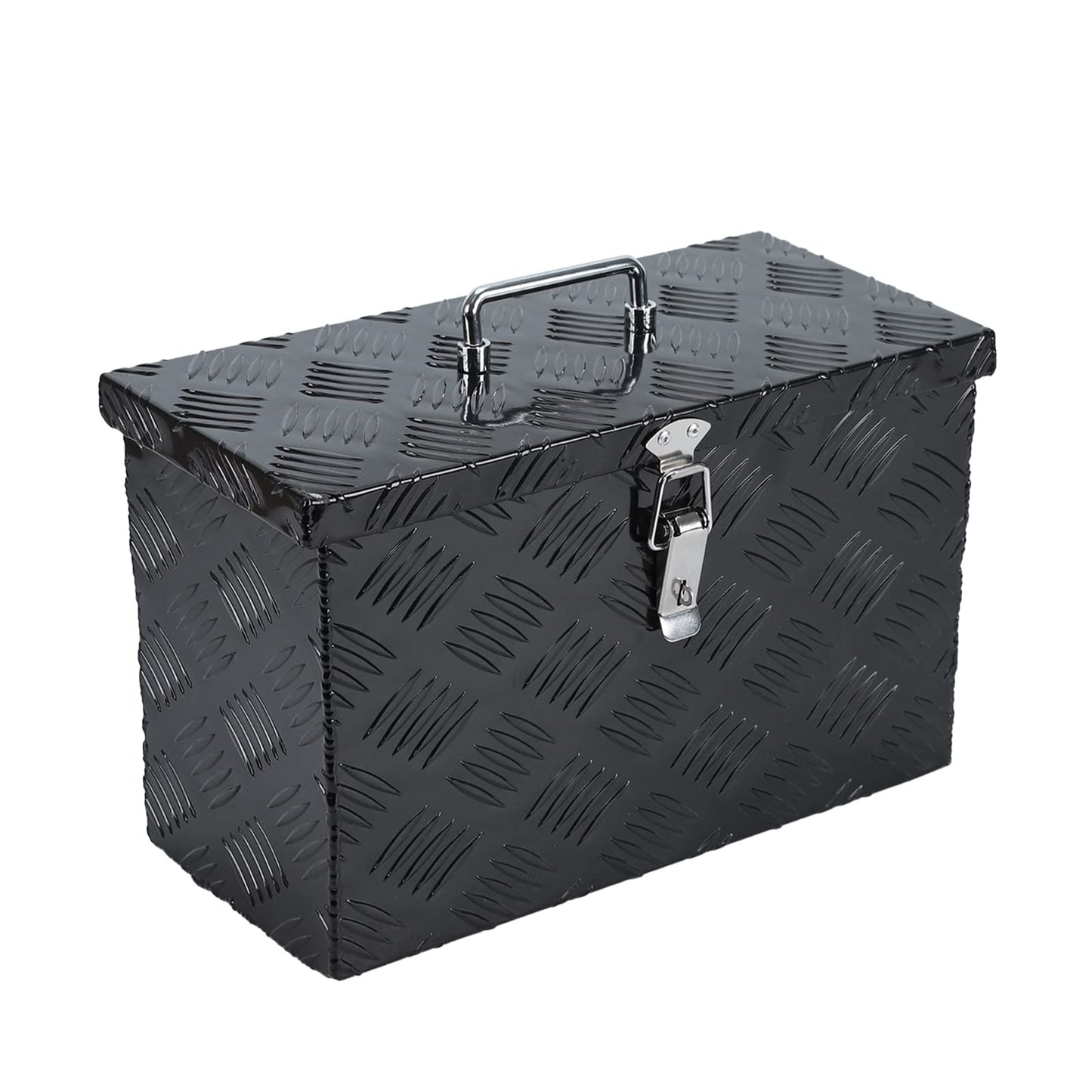 confote 16 Inch Aluminum Stripes Plated Tool Box Pick Up Truck Bed RV Trailer Toolbox Waterproof Square Storage Organizer Chest - Black
