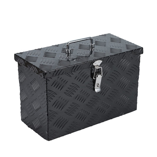 confote 16 Inch Aluminum Stripes Plated Tool Box Pick Up Truck Bed RV Trailer Toolbox Waterproof Square Storage Organizer Chest - Black