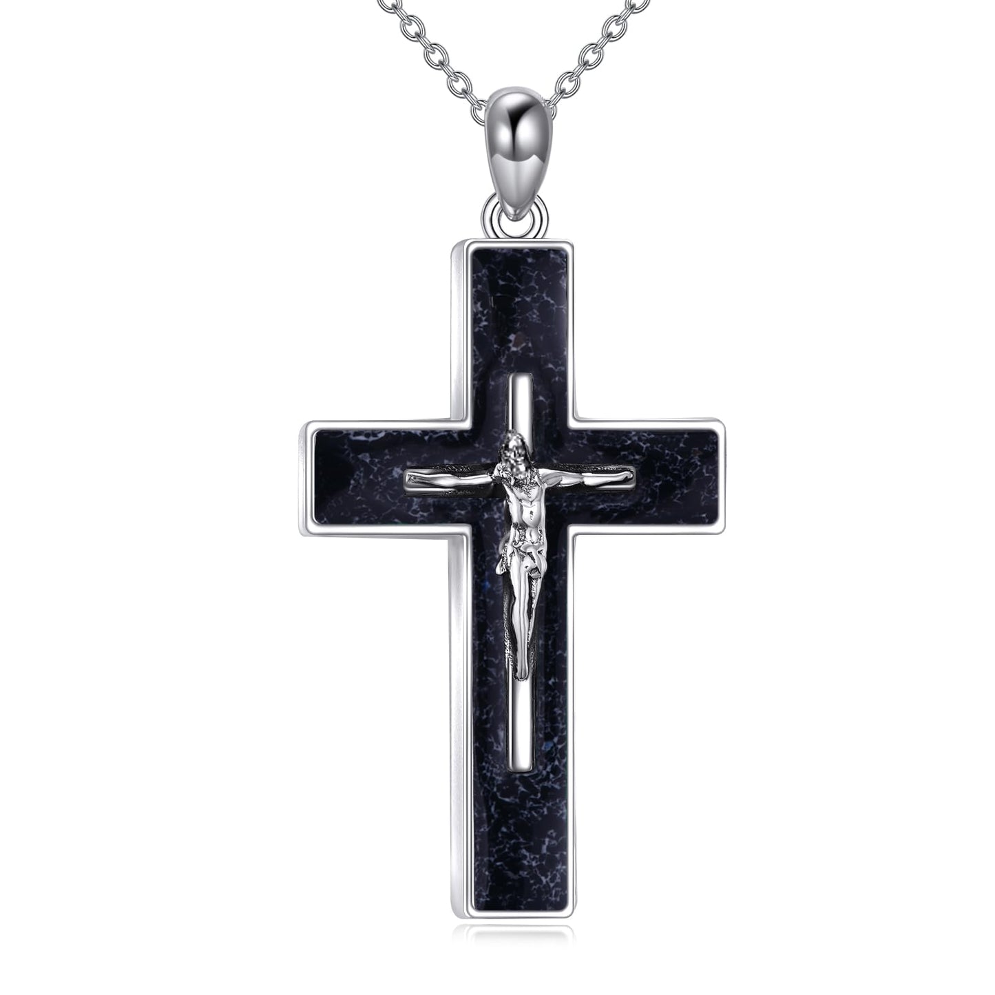 YFN Crucifix Cross Necklace Sterling Silver Jesus Cross Pendant Black Onyx Jewelry Christian Gifts for Women Men