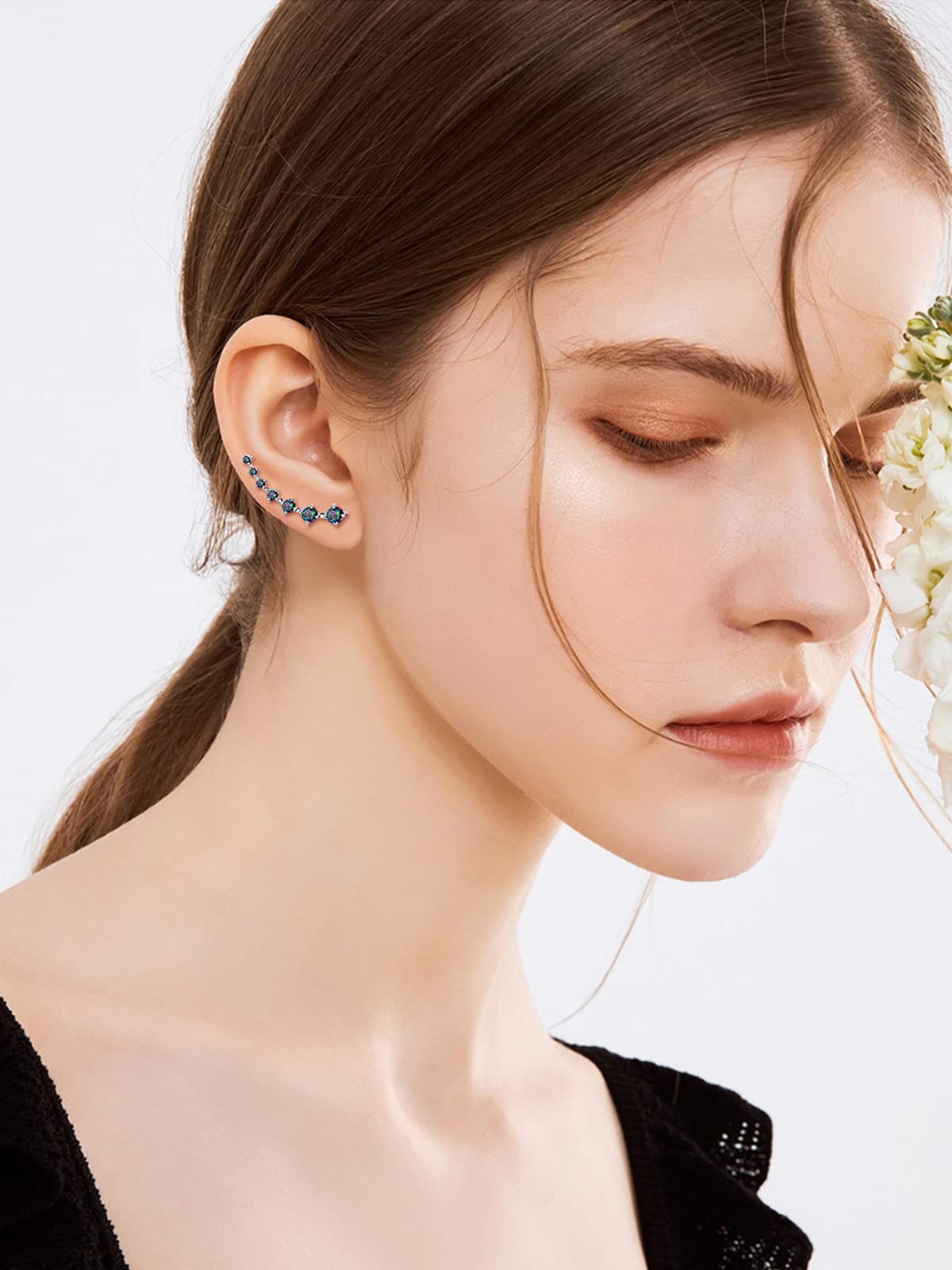 Sterling Silver 7 Crystals Ear Cuffs Climber Cartilage Earrings Dainty Trendy Jewelry Hypoallergenic Fashion Earring Charms Birthday Gift for Women (Colorful Black)