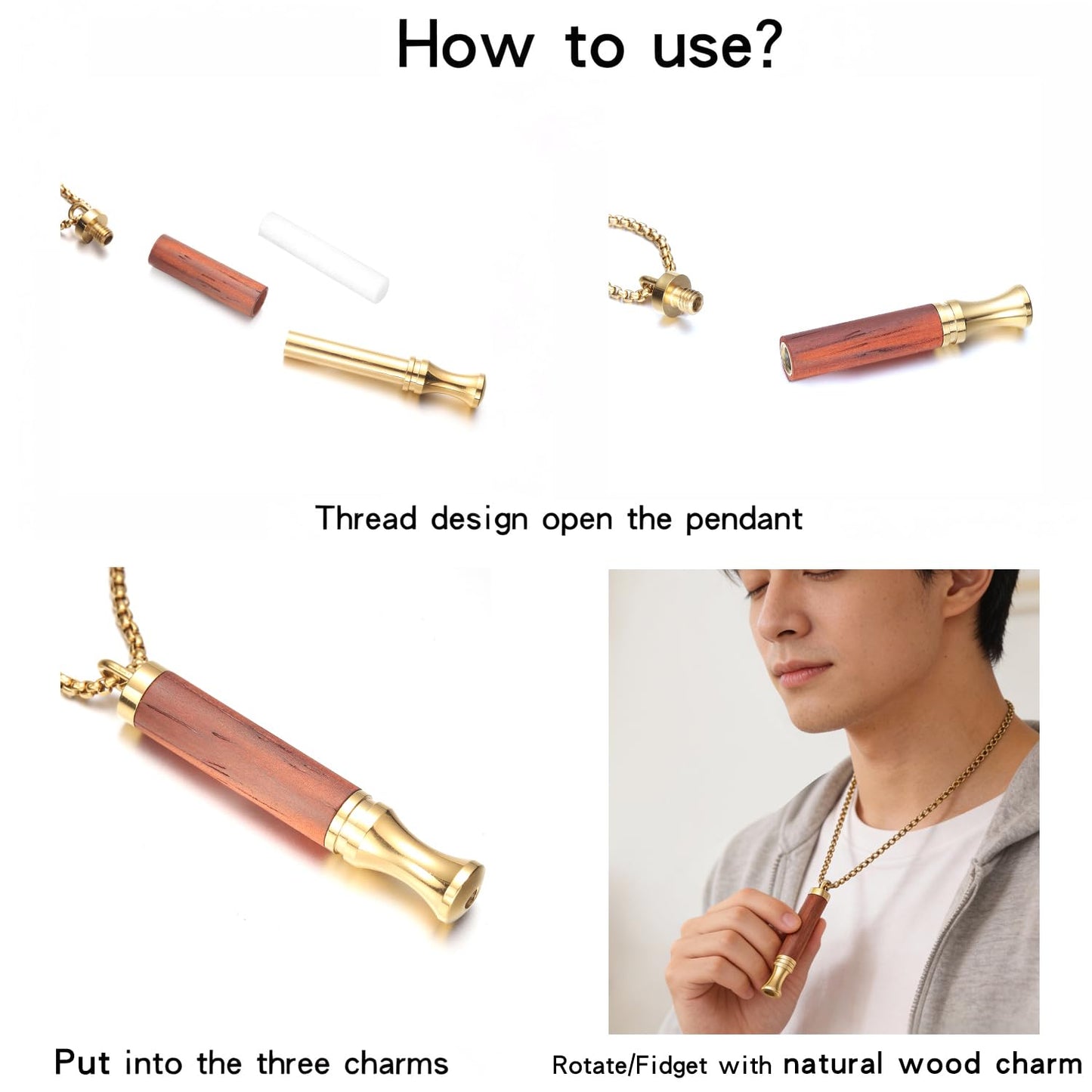 BOLAGTIER Mindful Breathing Necklace: Natural Wood Fidget Charm for Anxiety Relief & Quit Smoking Aid, Stainless Steel Sensory Pendant to Calm Your Mind (Gold)