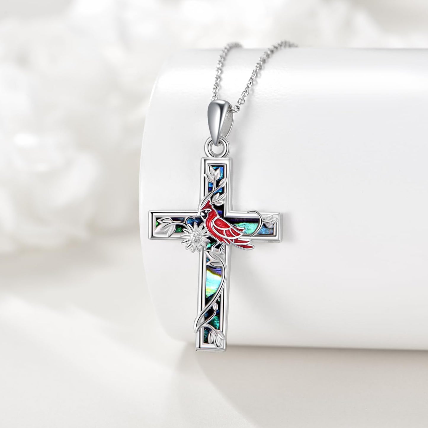 YFN Sunflower Cross Necklace Sterling Silver Red Cardinal Cross Pendant Abalone Shell Jewelry Religious Christian Baptism Gifts for Her Women