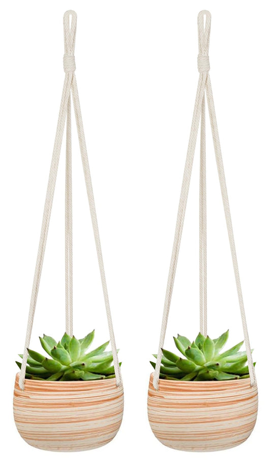Mkono Ceramic Hanging Planter Macrame Plant Holder 5 Inch Cute Succulent Cactus Pot with Cotton Rope Hanger for Indoor Outdoor Decor, 2 Pack