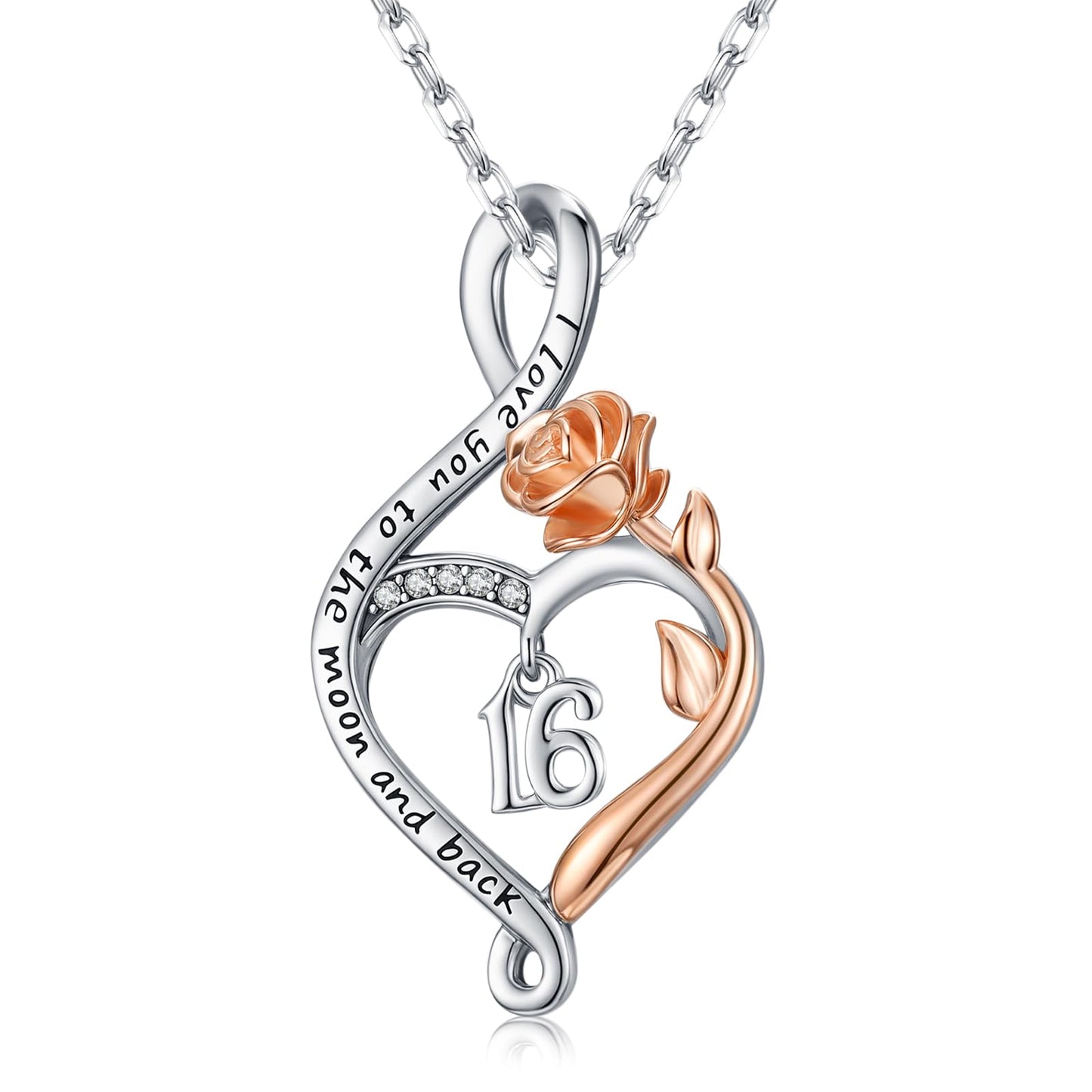 KoyeKei 16th Birthday Gifts for Women Sweet 16 Year Old Necklace 925 Sterling Silver Rose Flower Heart Infinity Pendant Jewelry Christmas Birthday Gift for Sixteen Year Old Daughter Granddaughter