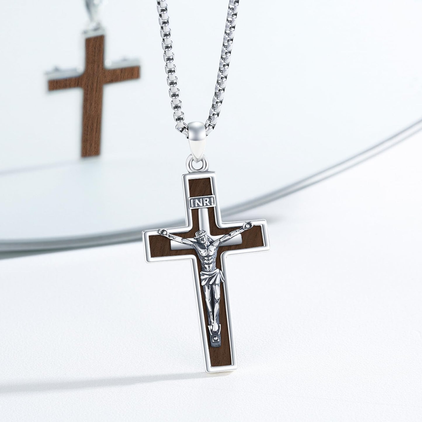 YEESIA Wooden Cross Necklace for Women Men 925 Sterling Silver Jesus Crucifix Pendant Necklace Cross Jewelry Gift for Women Men