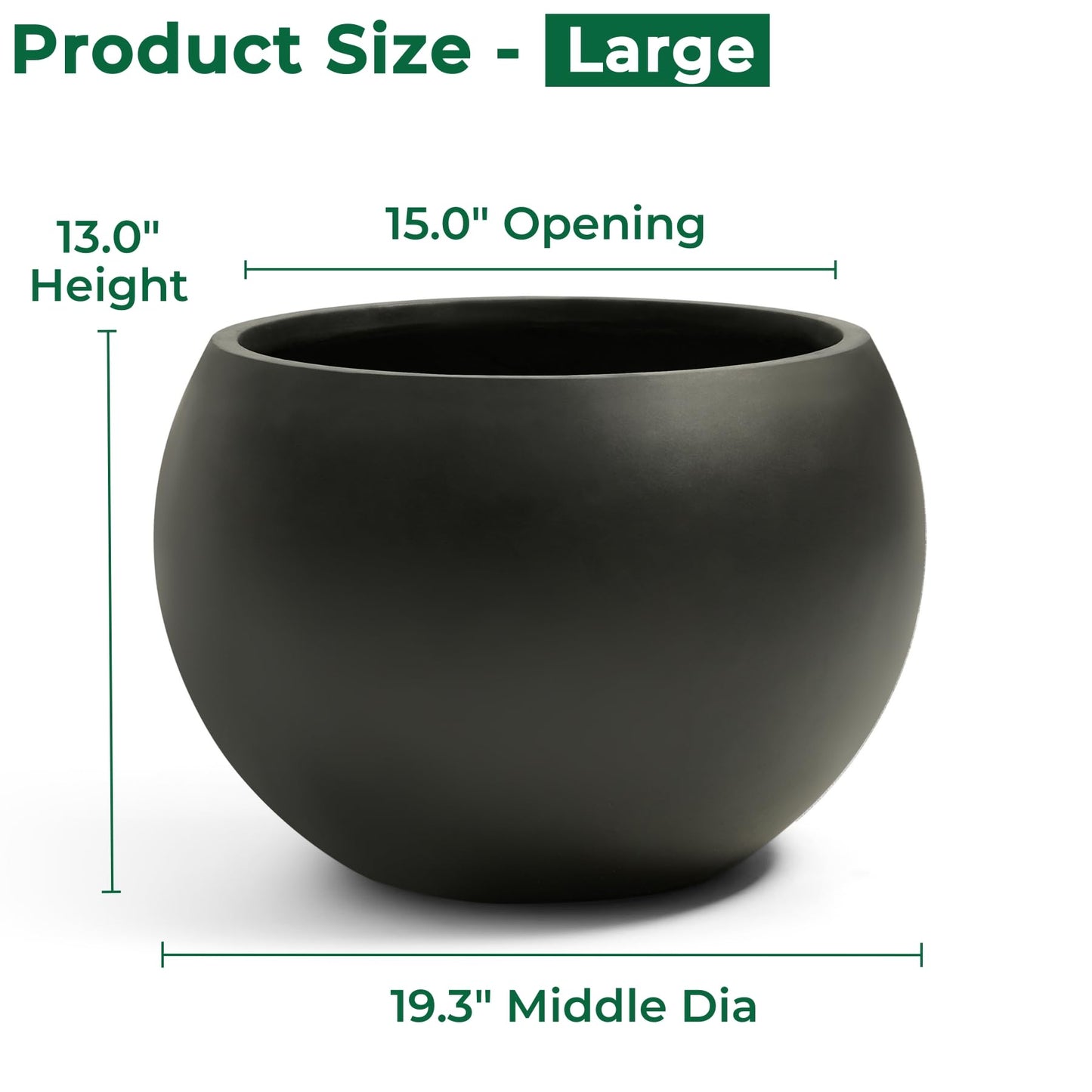 FloraFairy Fiberstone Sphere Planter, Black 19.3" Dia Large Flower Pot with Drainage Hole and Silicone Plug, Round Plant Container for Indoor or Outdoor, 15" Opening-13 H Large
