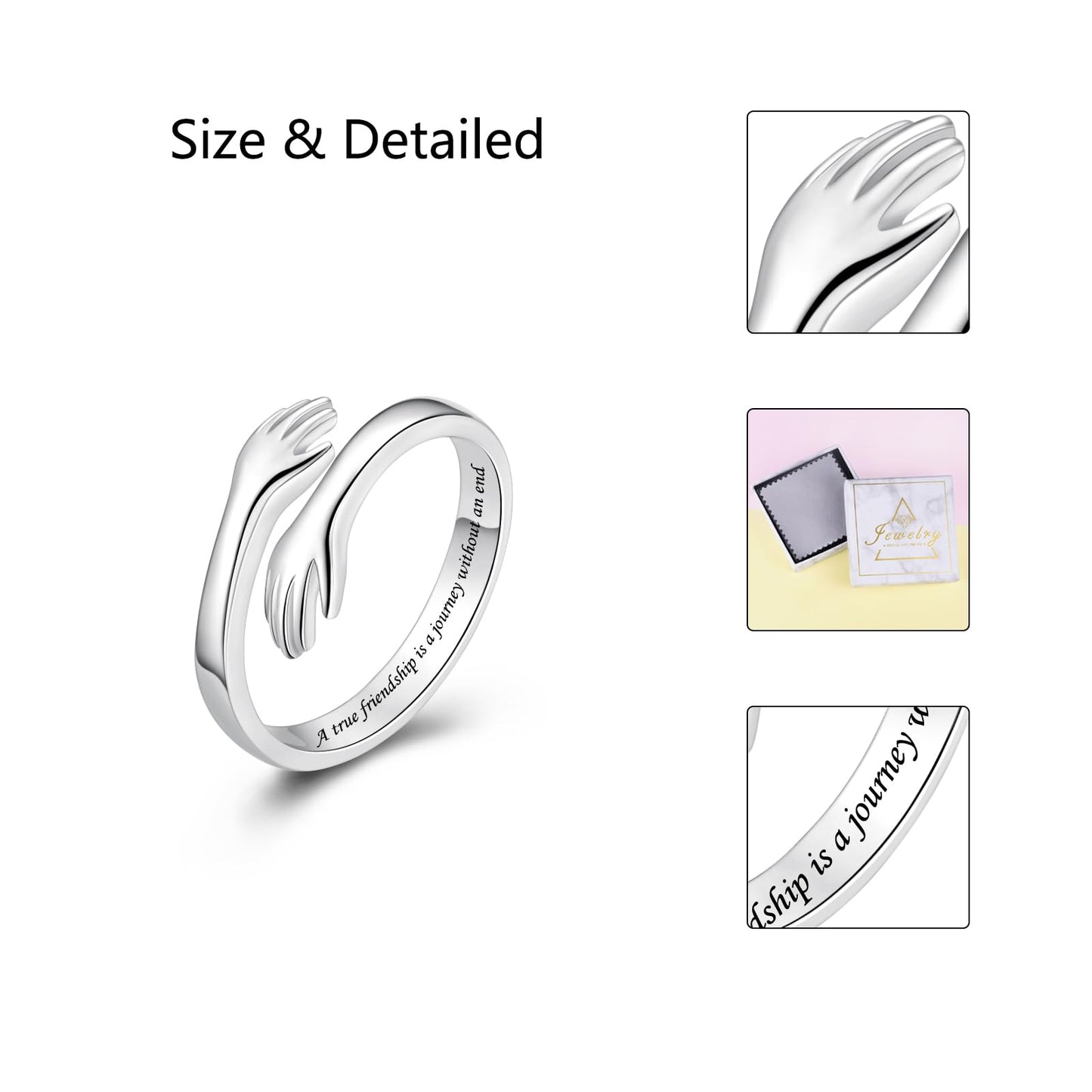 ACJFA S925 Sterling Silver Hug Ring for Women Adjustable Thumb Ring Birthday Gifts (A true friendship is a journey without an end)