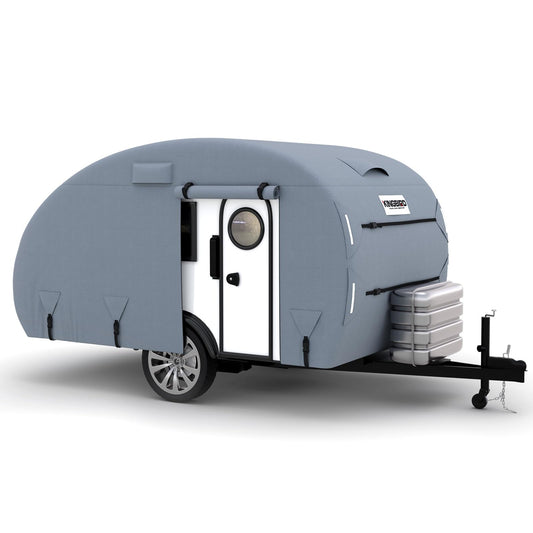 KING BIRD Heavy Duty Teardrop Travel Trailer Cover Fits 10'-12' Trailers, 5 Layers Top Waterproof Camper Cover with Windproof Strap for R-Pod Trailers, Clamshell Trailers