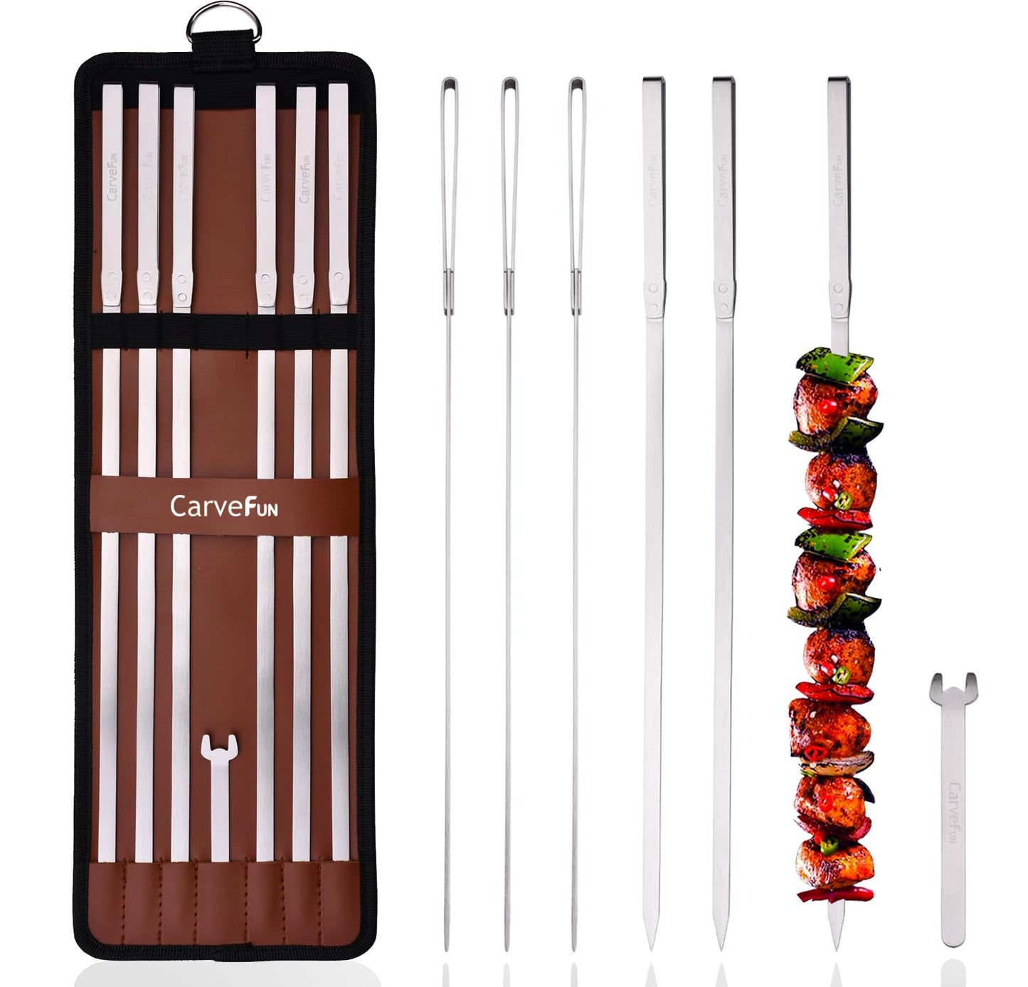 Carvefun Innovative Thermal Insulation Handle BBQ Skewers Set - 6 Stainless Steel Wide BBQ Kebob Sticks For Grill - Flat Metal With 1 Food Remover Bar - 16.7' Inch Metal Kabob Skewers