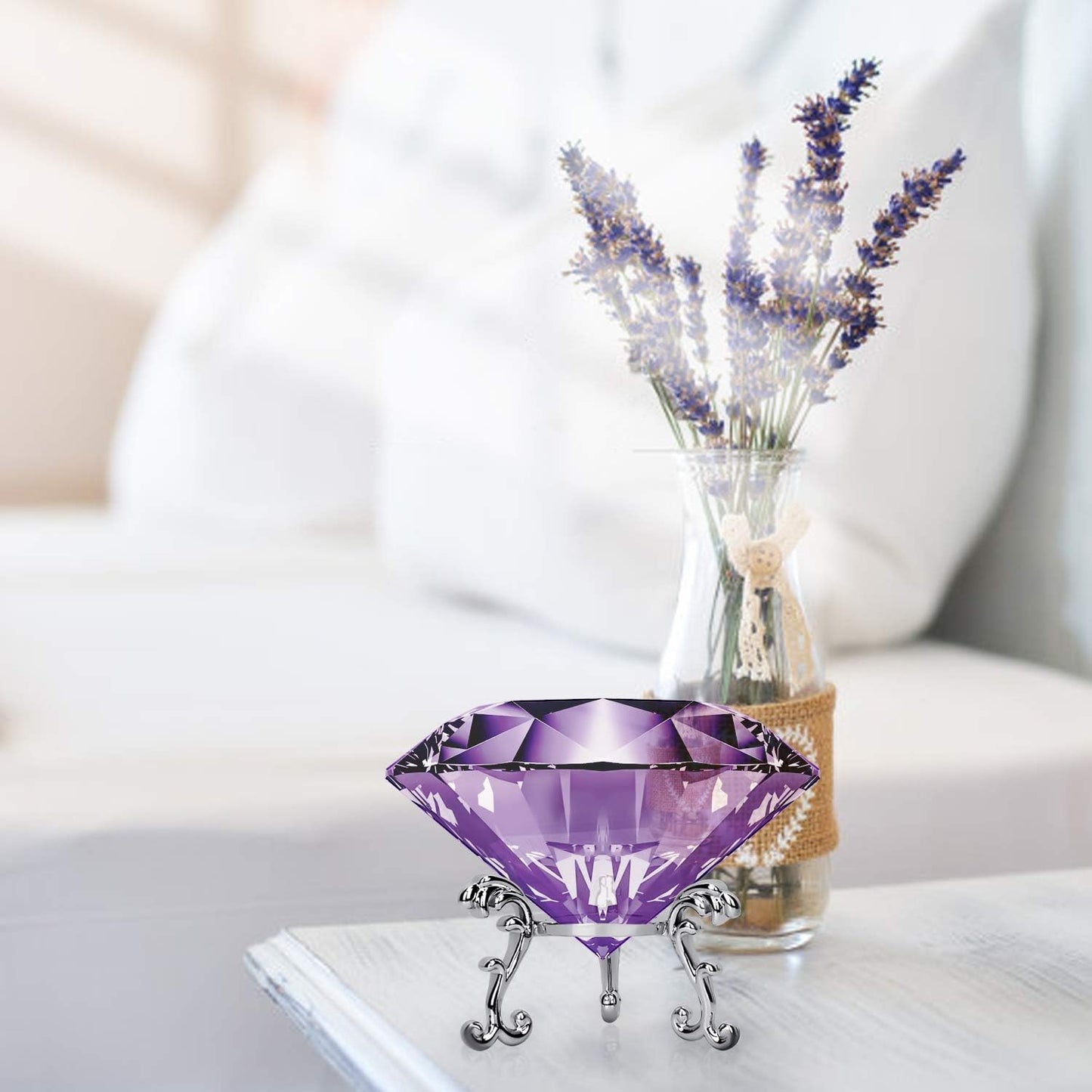 Hiziwimi 60mm Large Crystal Diamond Paperweight with Stand Jewels Wedding Decorations Centerpieces Home Decor (2.36 in, Purple)