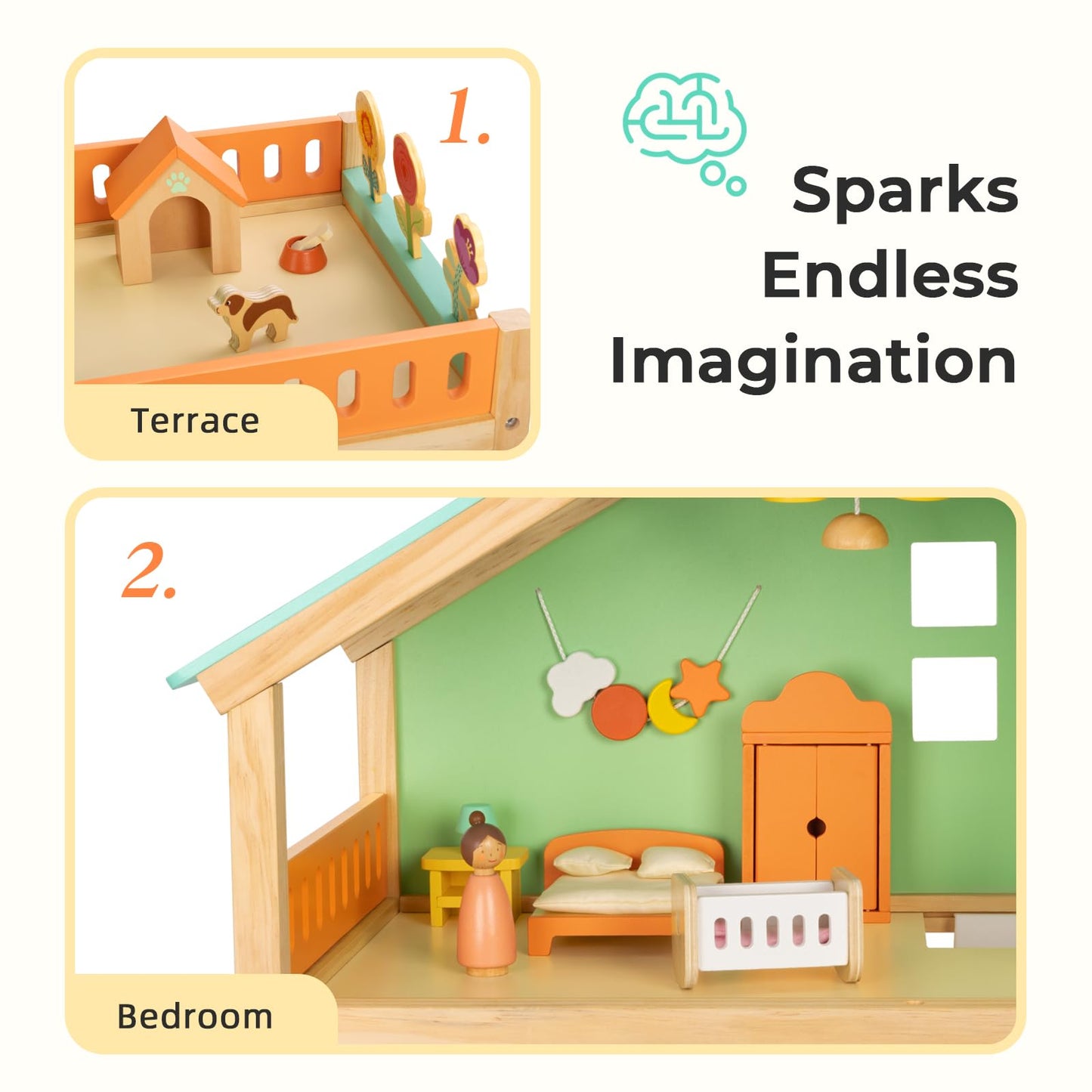 OOOK Large Wooden Dollhouse with 42 Pcs Luxurious Furniture Accessories, 3-Story Doll House 6 Rooms Balcony Wooden Stairs, Ideal Modern Doll House for 3 Year Old